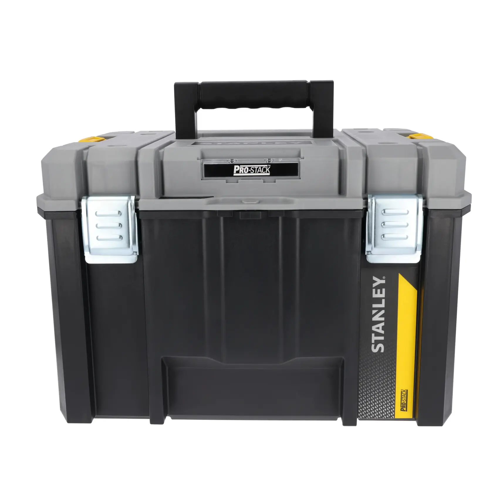 Stanley ProStack toolbox with black and gray body, metal latches and yellow accents.