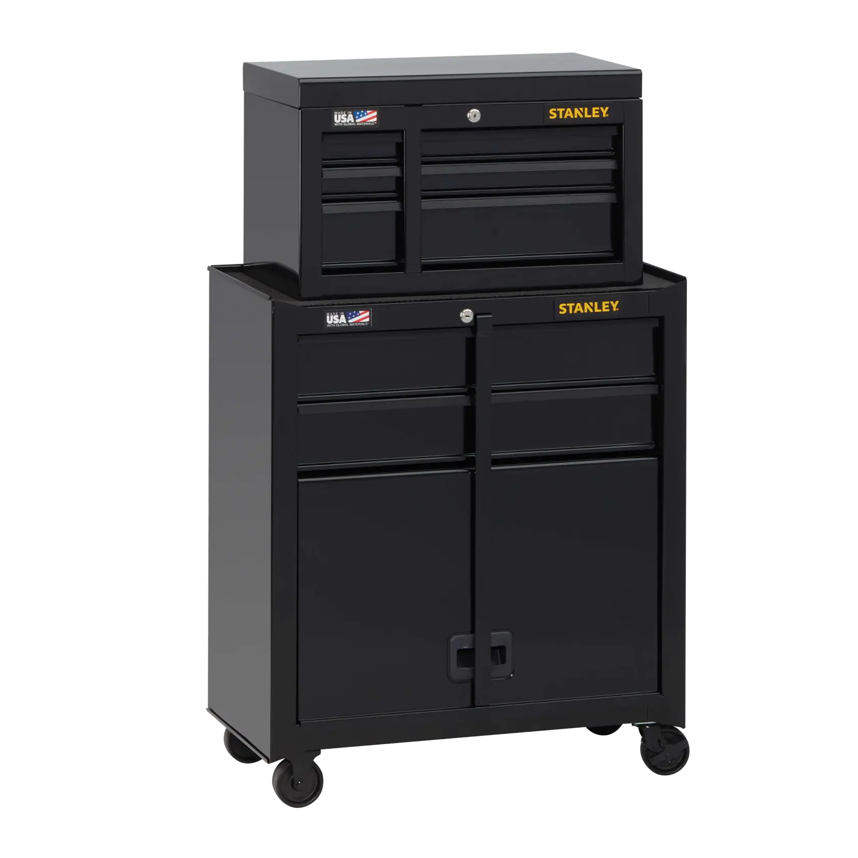 Stanley black rolling tool chest with multiple drawers and lower cabinet, front angle on white background