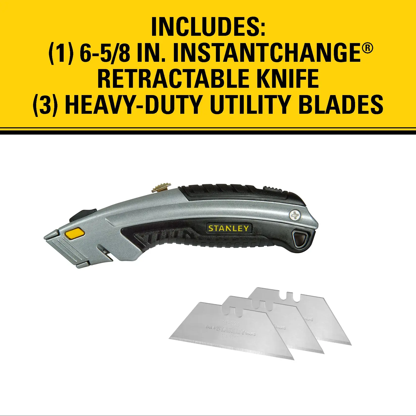 A STANLEY InstantChange retractable utility knife and three heavy-duty utility blades. The top of the image lists the contents: one 6-5/8 inch InstantChange retractable knife and three heavy-duty utility blades.
