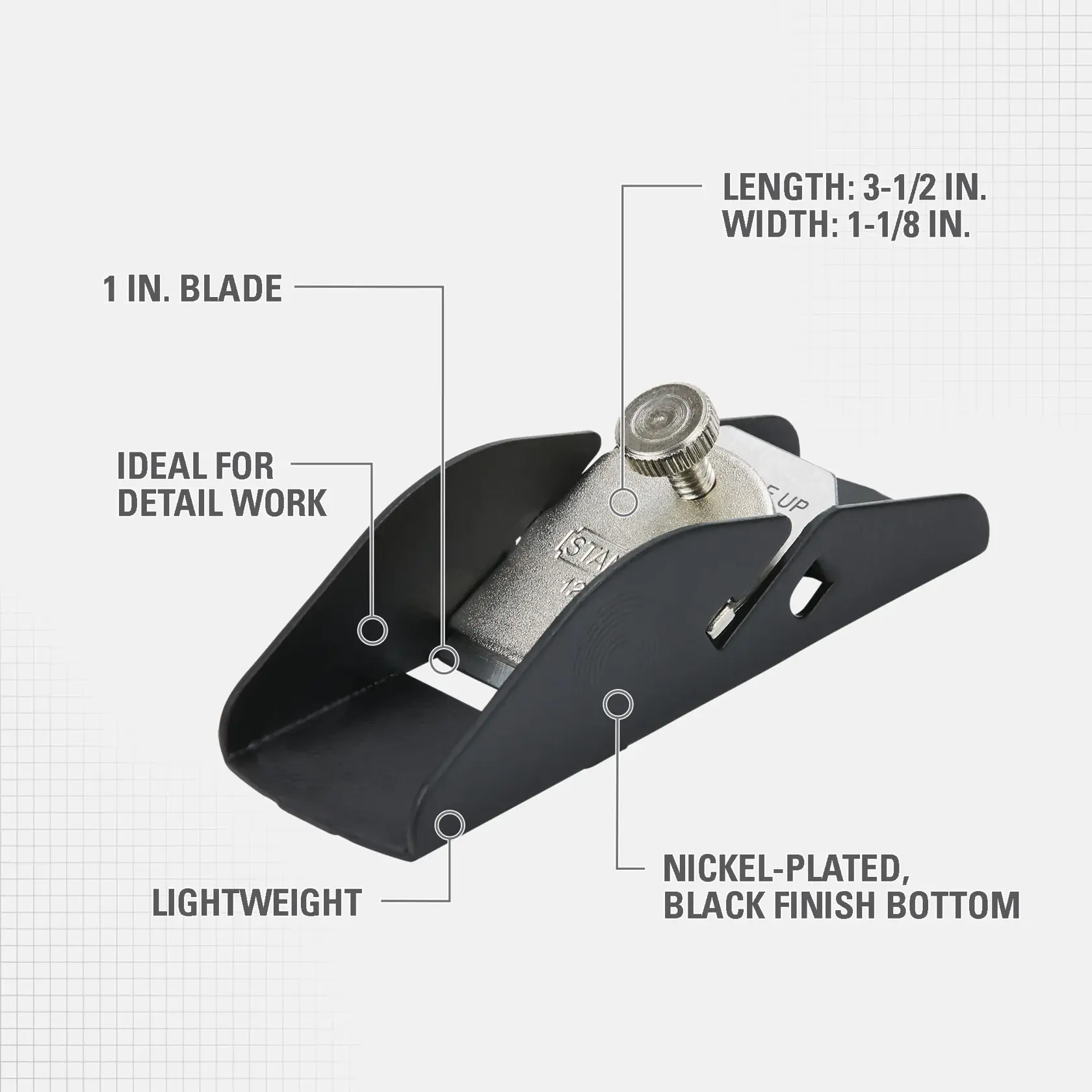 A STANLEY 12-101 block plane is shown, featuring a 1-inch blade, ideal for detail work. It is lightweight with a nickel-plated, black finish bottom. The plane’s length is 3-1/2 inches and width is 1-1/8 inches.
