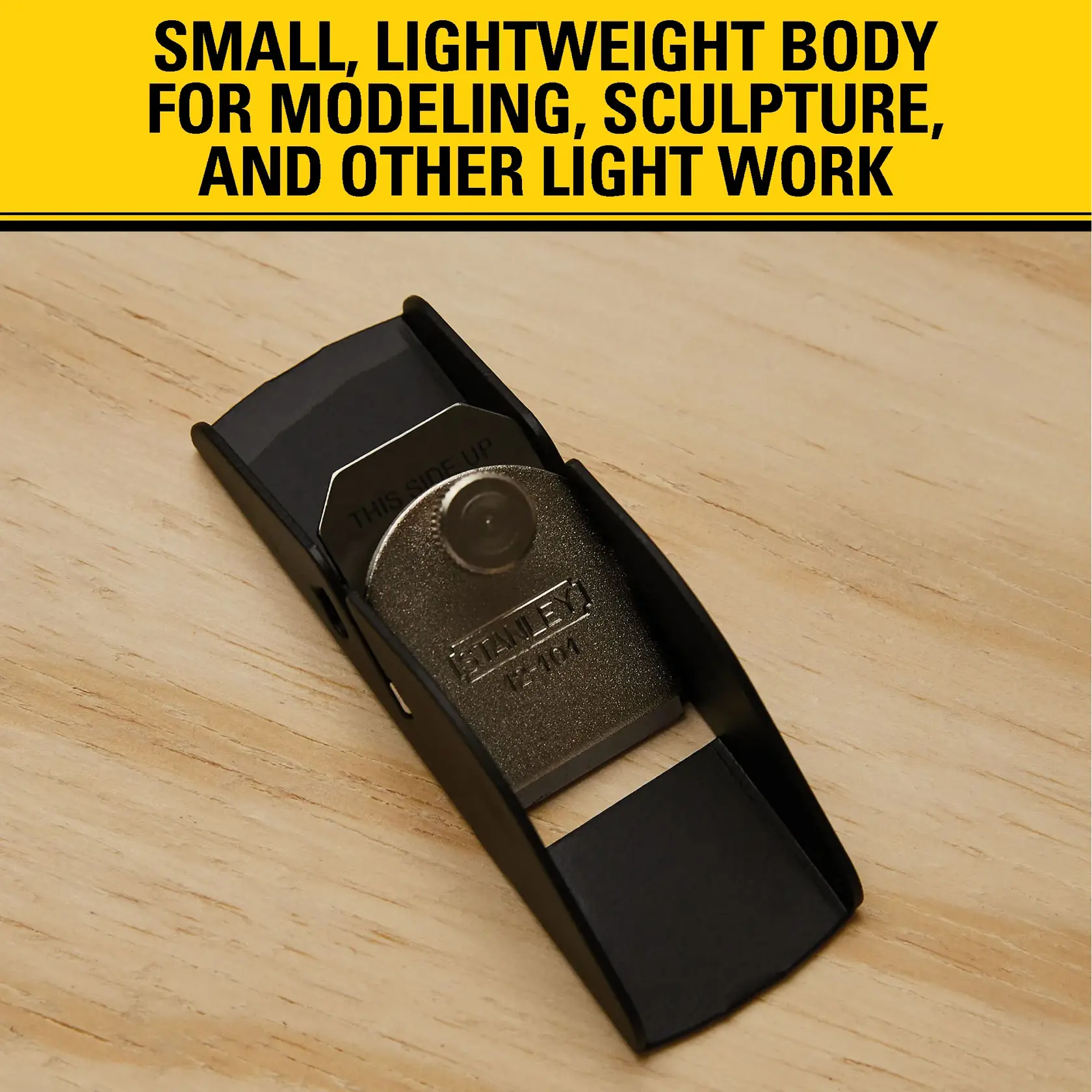 A Stanley 12-101 small, lightweight hand plane shown on a wooden surface. The product is designed for modeling, sculpture, and other light work. Text above highlights its lightweight body for precision tasks.