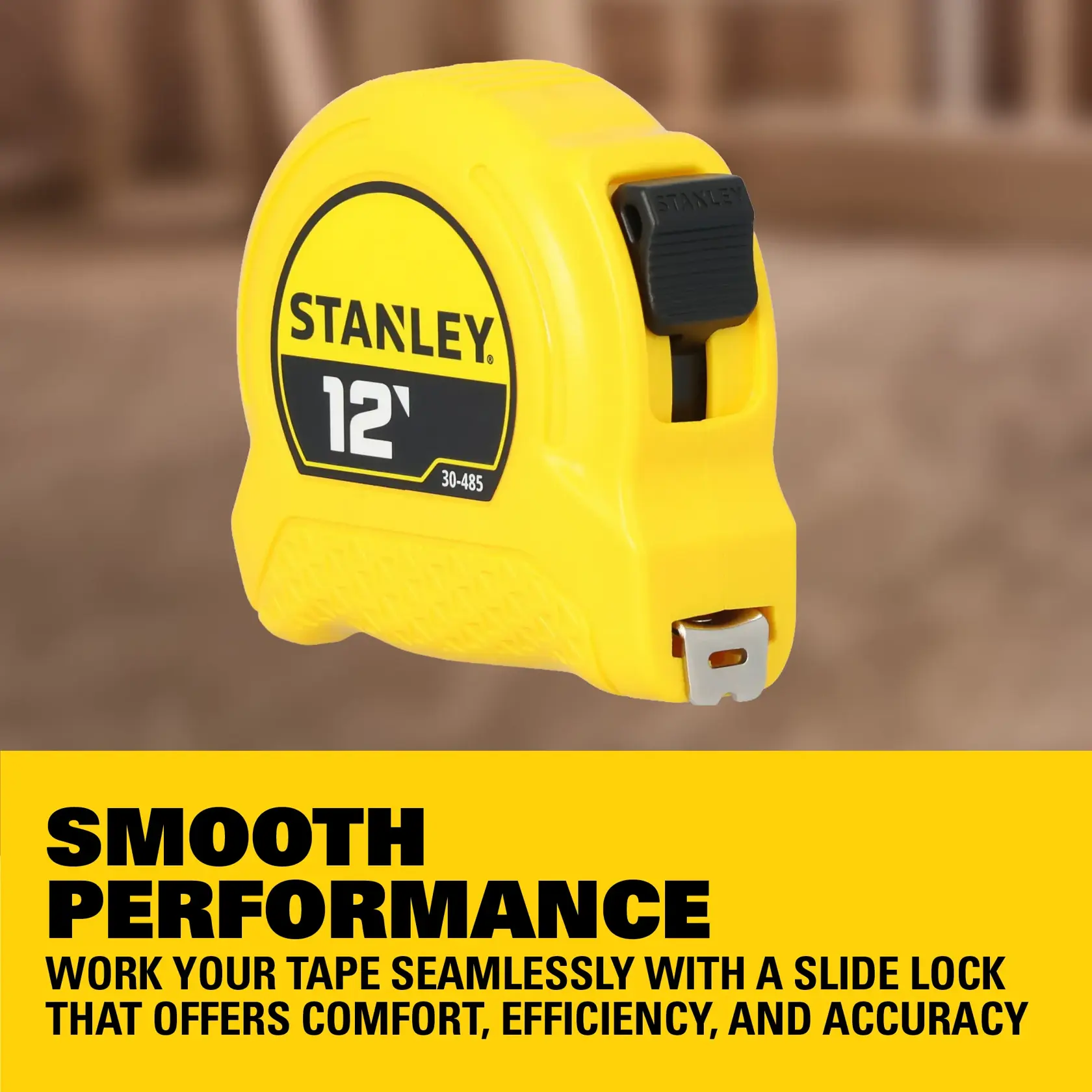 Close-up image of a yellow measuring tape with a black secure blade lock feature.