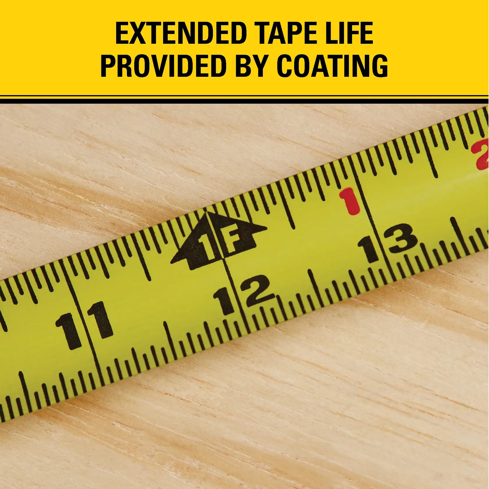 A close-up image of a yellow tape measure on a wooden surface with the text 'Extended tape life provided by coating' at the top, highlighting the durability of the STANLEY measuring tape.