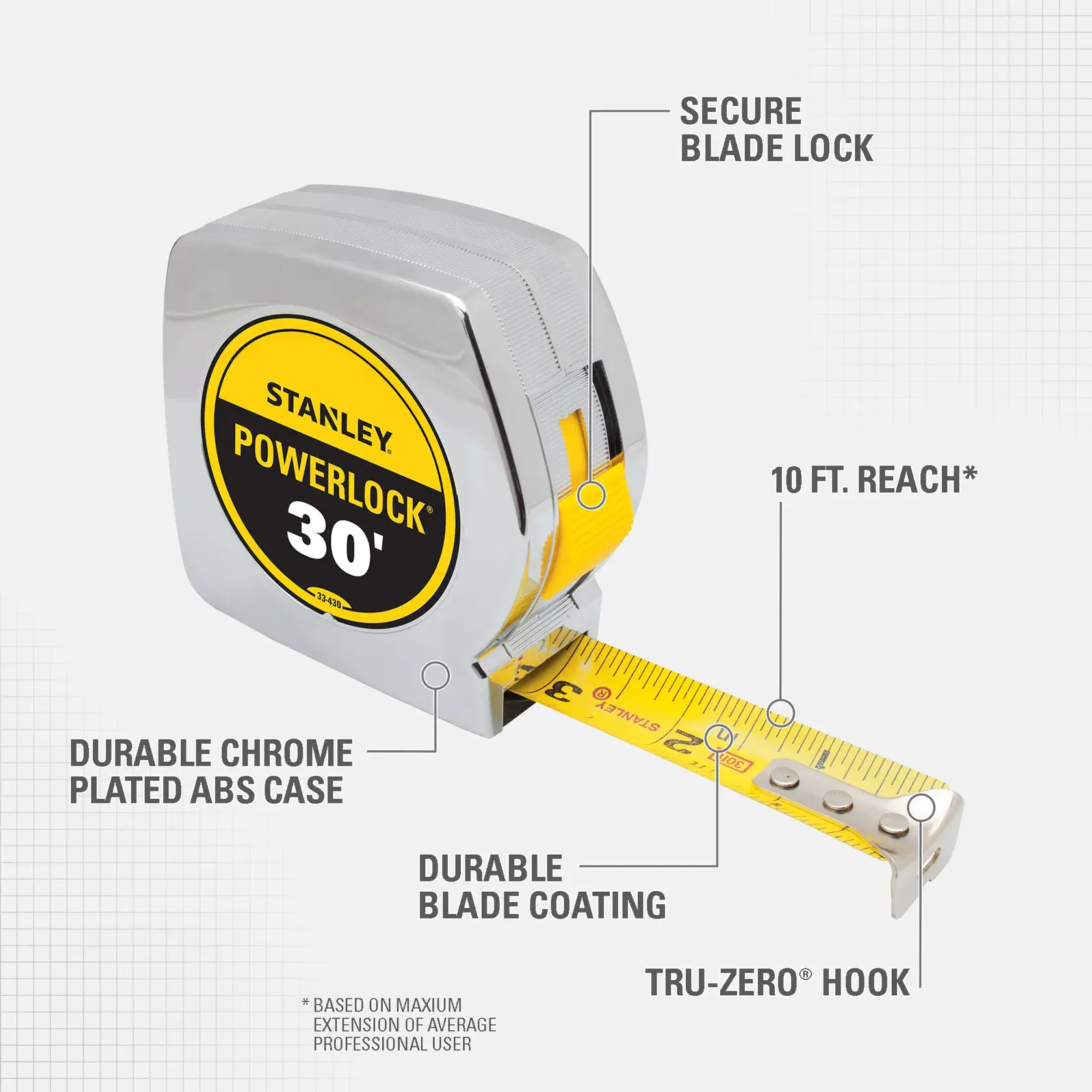 A STANLEY PowerLock 30-foot tape measure with a chrome-plated ABS case, durable blade coating, secure blade lock, a 10-foot reach, and a Tru-Zero hook. Features are highlighted in text callouts.