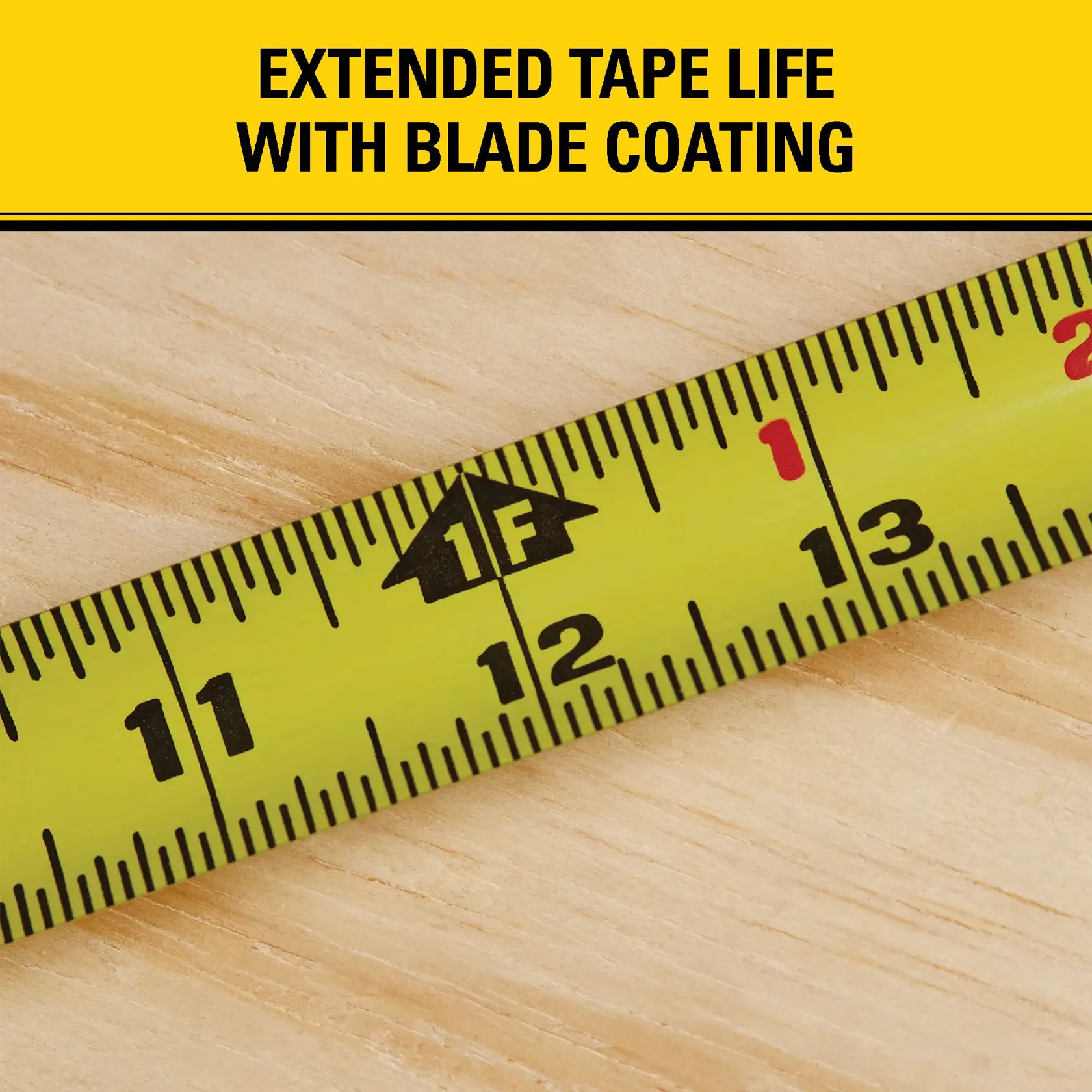 A close-up image of a yellow measuring tape on a wood surface, with text above stating 'Extended tape life with blade coating'.