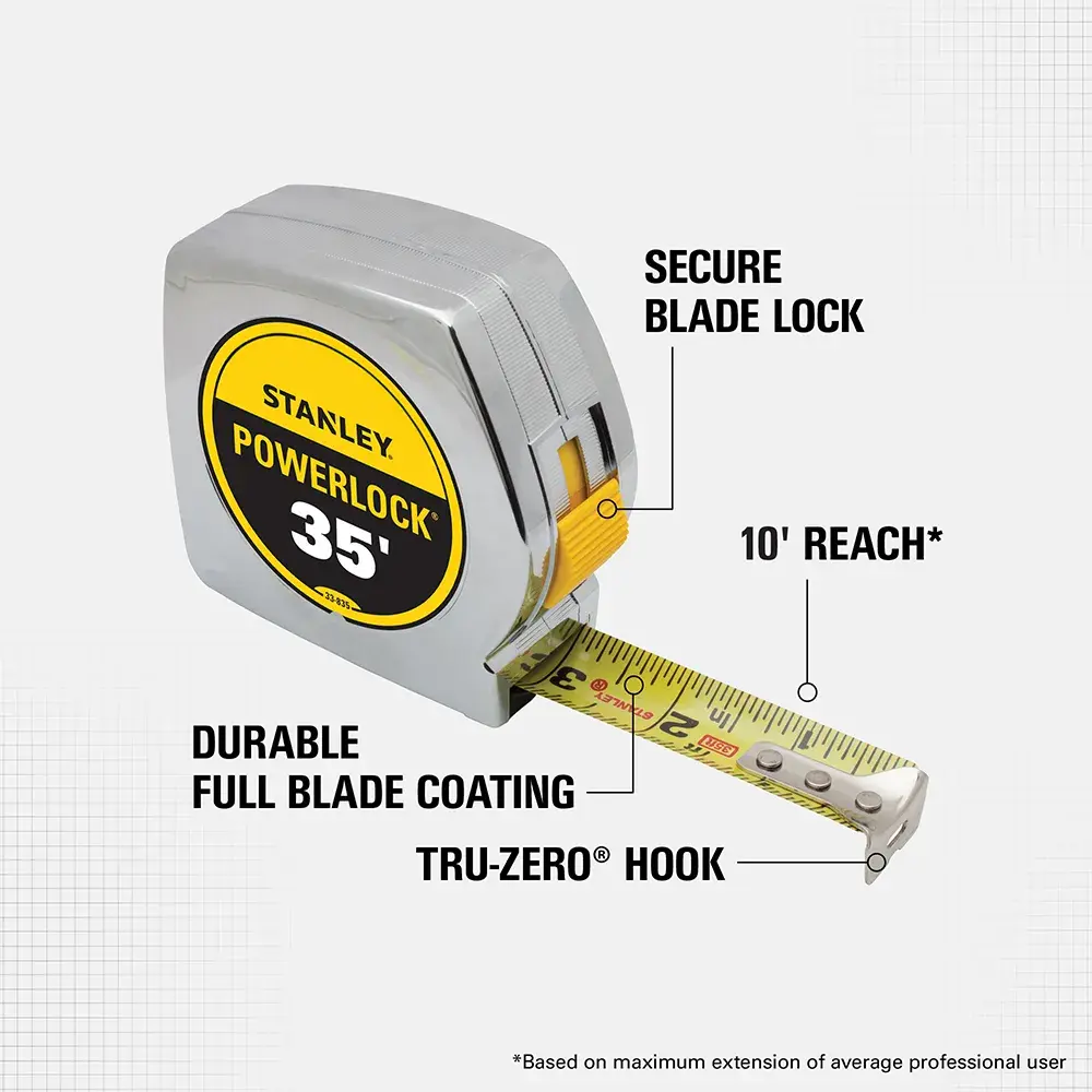 A photo of a STANLEY PowerLock 35-foot tape measure. The image highlights key features: secure blade lock, 10-foot reach, durable full blade coating, and a Tru-Zero hook.