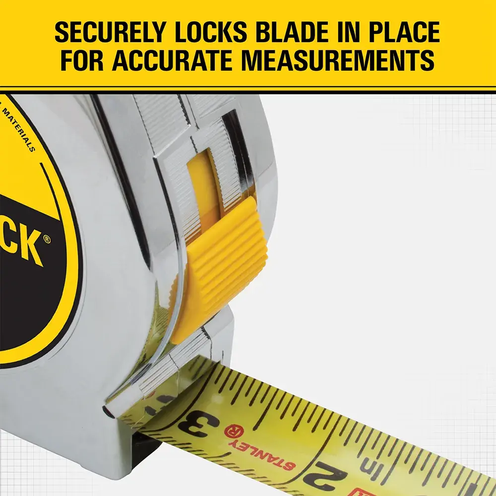 Close-up of a Stanley tape measure, showing the yellow lock button securing the blade for accurate measurements.