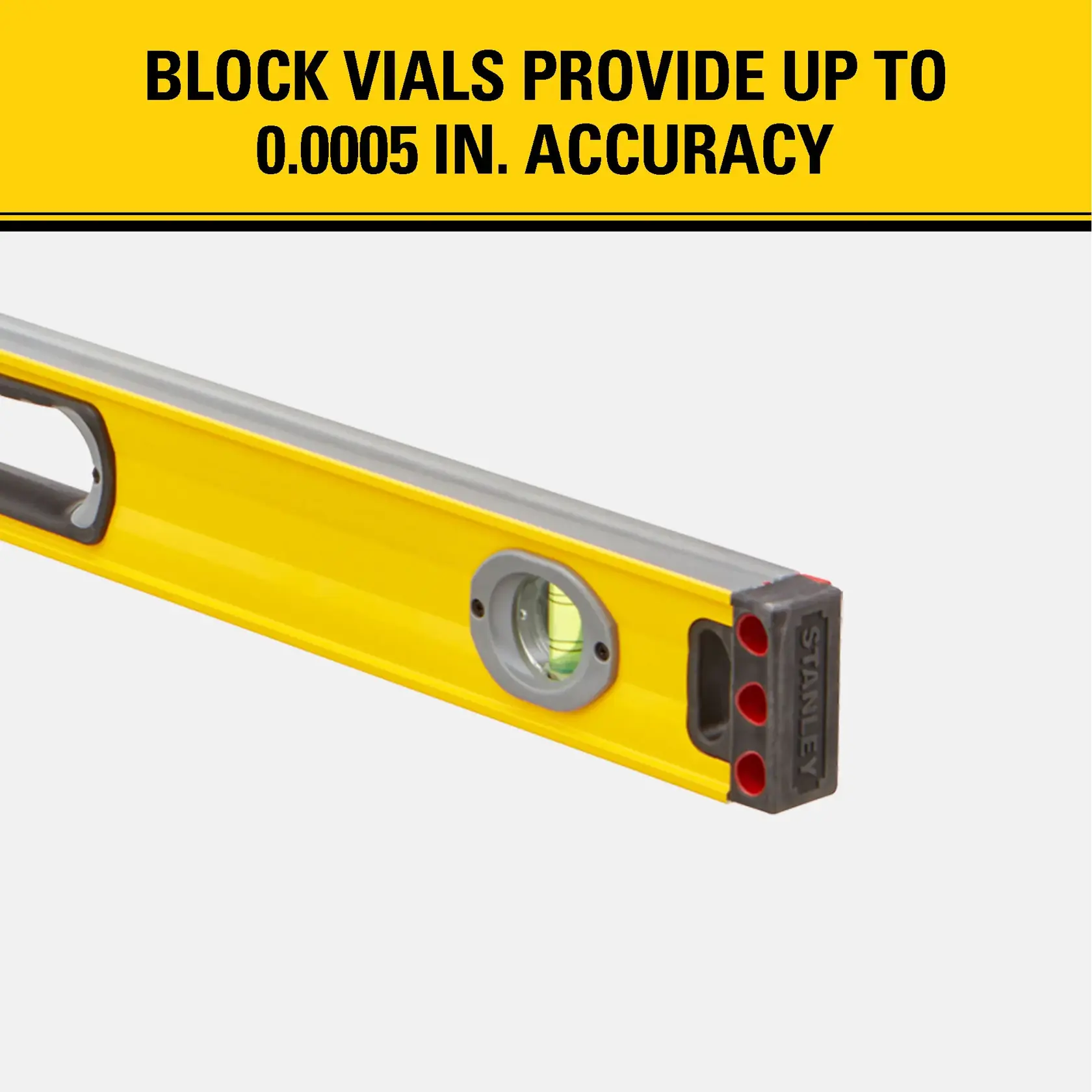 A yellow Stanley level tool with block vial, promoting up to 0.0005 inch accuracy. The tool is partially shown against a white and yellow background with a highlighted text emphasizing its precision.