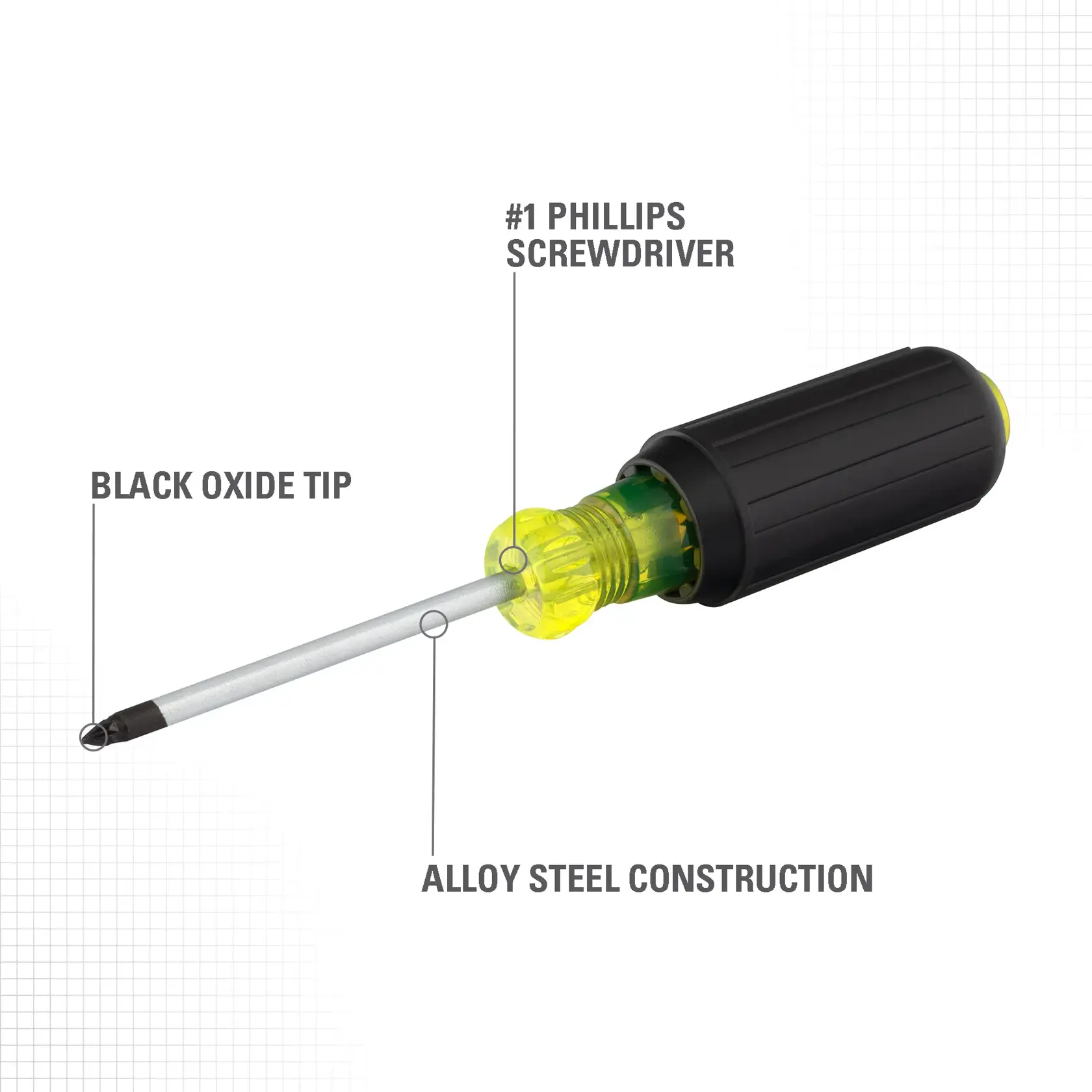 STANLEY #1 Phillips screwdriver with a black oxide tip, alloy steel construction, and a black and yellow handle.