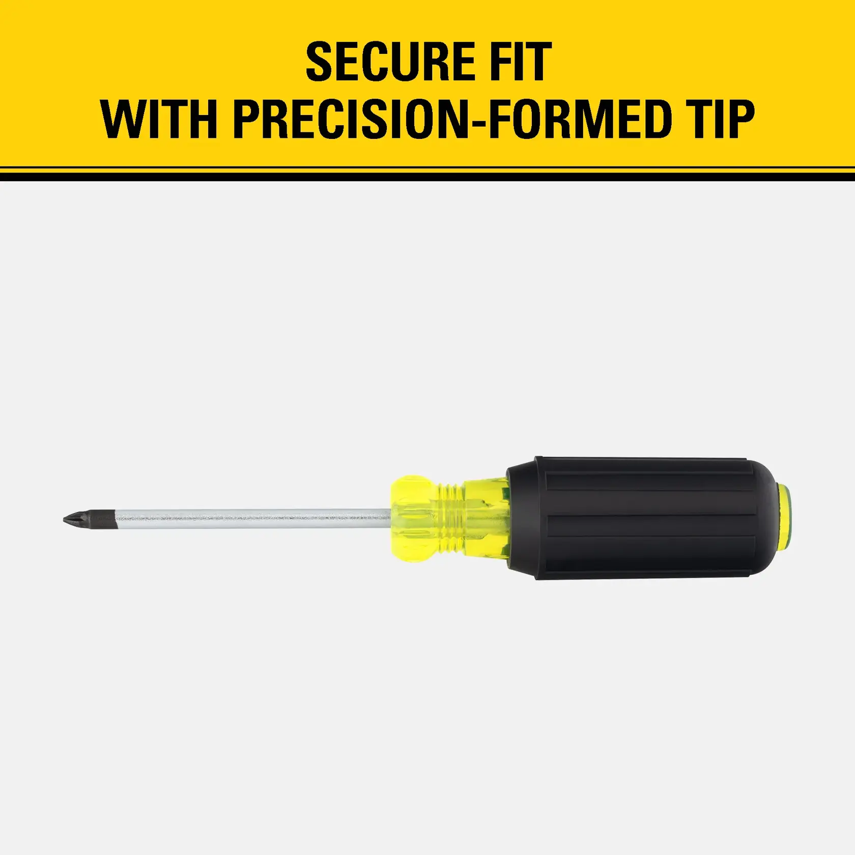 A Stanley Phillips screwdriver with a black and yellow handle, shown horizontally on a light background. The text above reads 'Secure fit with precision-formed tip.'