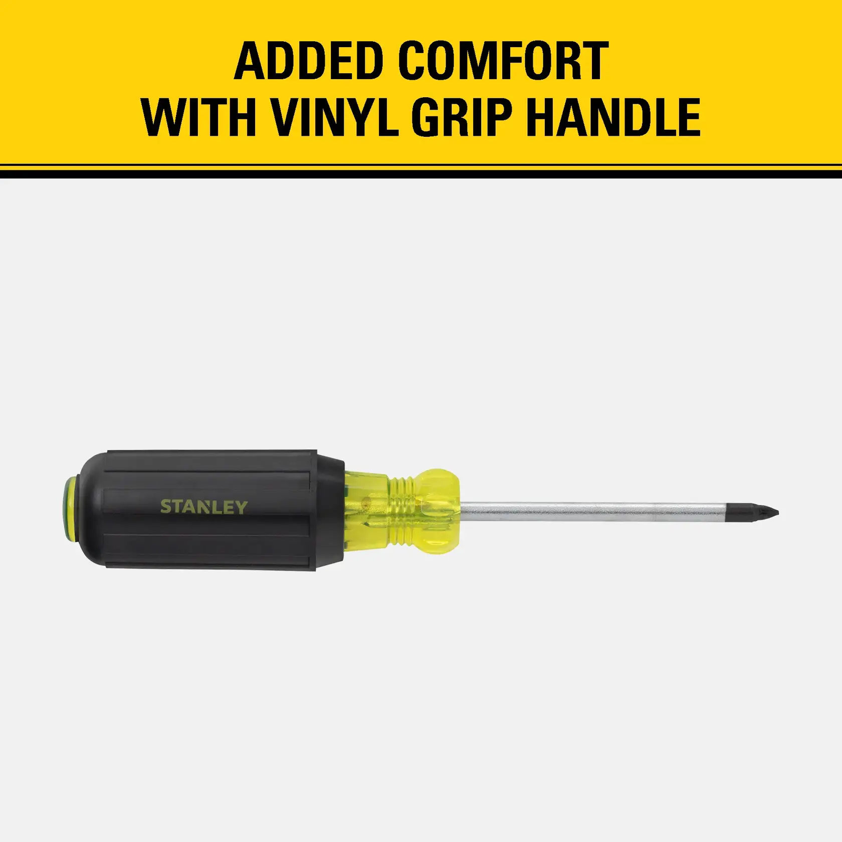 Stanley Phillips-head screwdriver with a black and yellow vinyl grip handle, designed for added comfort. The product is displayed on a white background with a banner stating 'Added comfort with vinyl grip handle.'