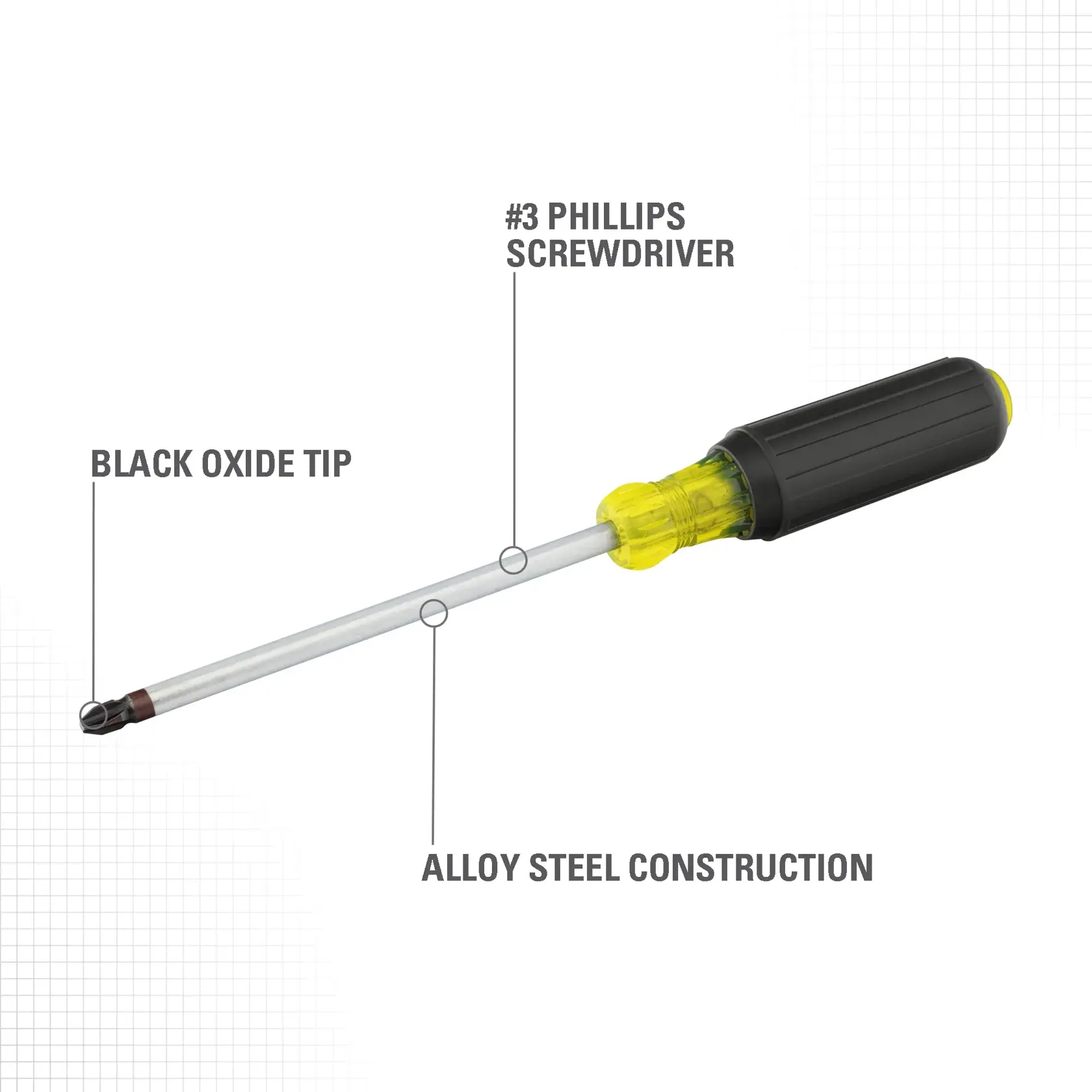Stanley #3 Phillips screwdriver featuring a black oxide tip, alloy steel construction, and a yellow and black handle.