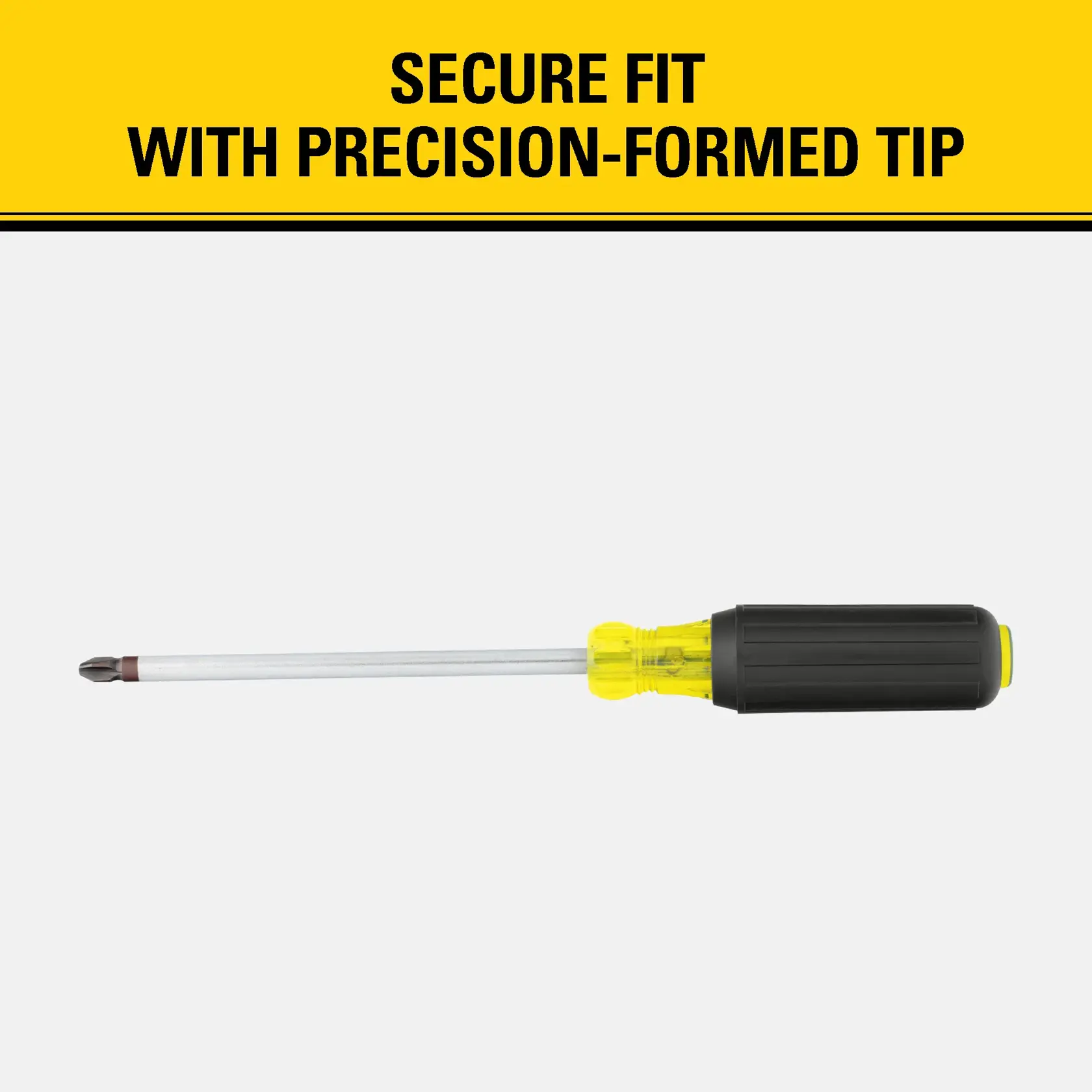 A Stanley Phillips screwdriver with a black and yellow handle and a precision-formed tip is displayed horizontally on a light background. Text above reads: 'Secure fit with precision-formed tip.'