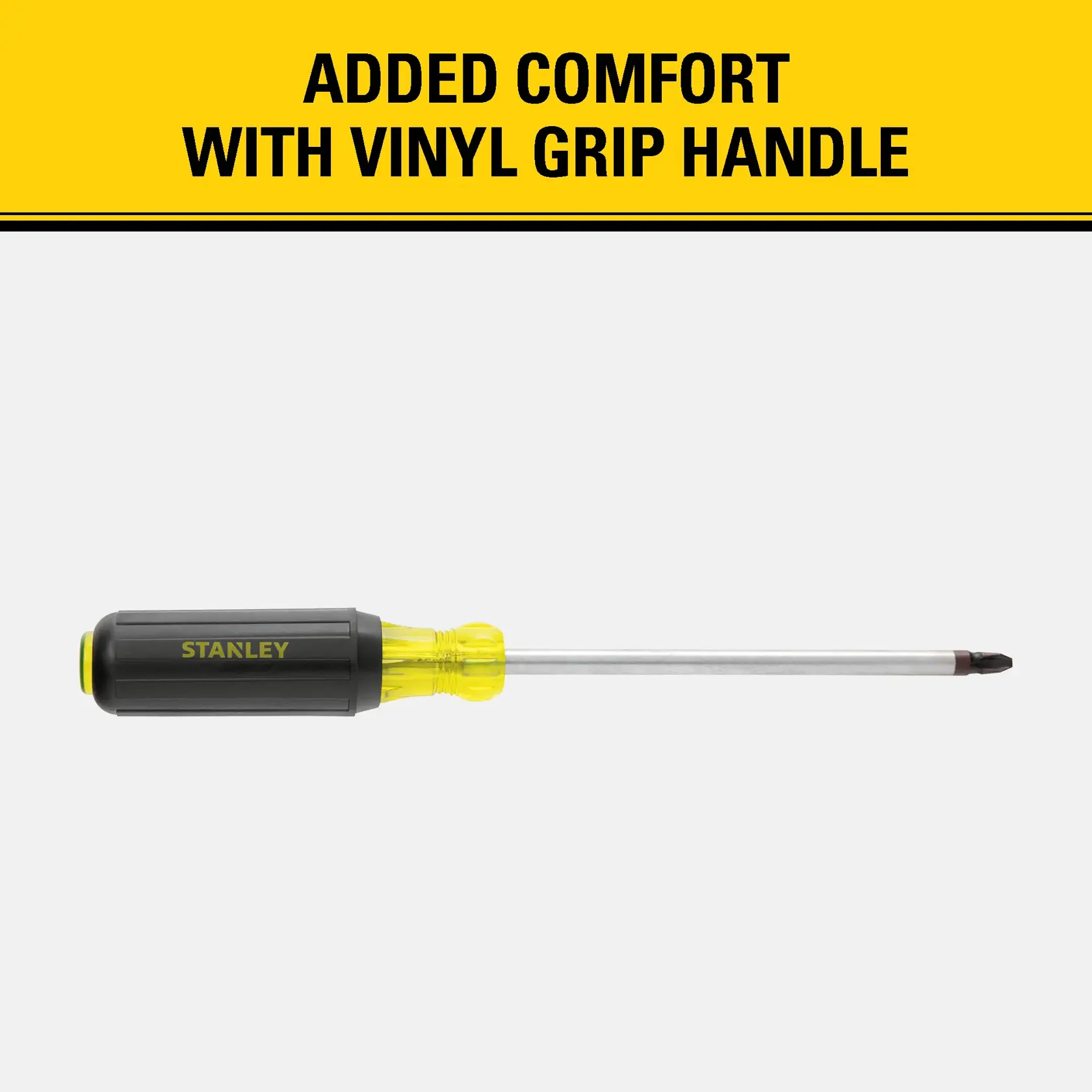 A Stanley Phillips screwdriver with a yellow and black vinyl grip handle, displayed on a white background. Text at the top reads: 'Added comfort with vinyl grip handle.'