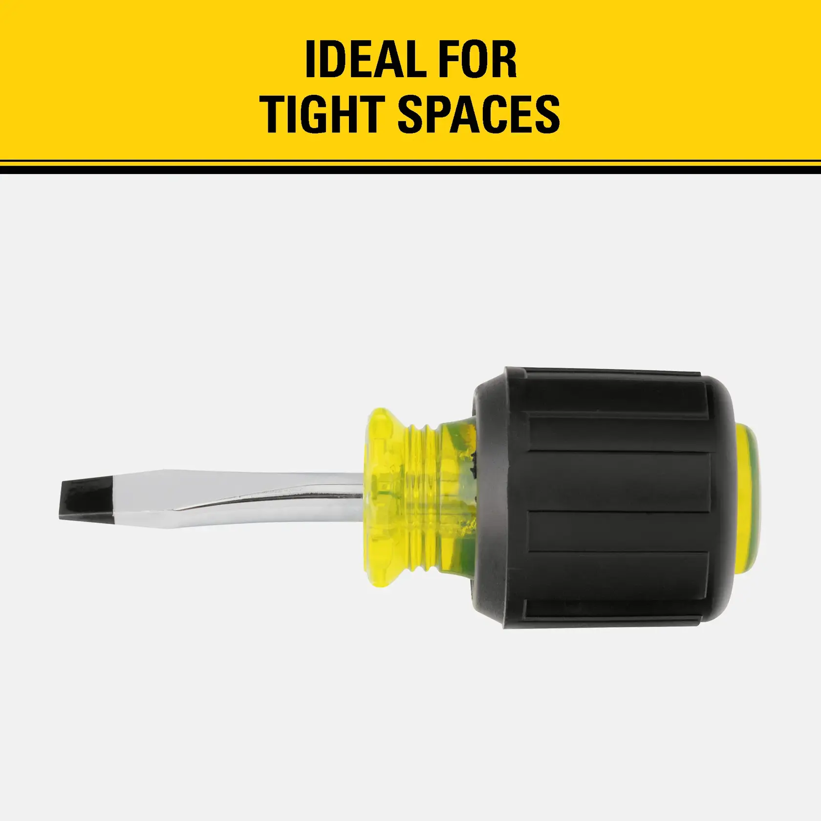 A short Stanley flathead screwdriver with a black and yellow handle, designed for use in tight spaces, shown against a white background with the text 'Ideal for tight spaces' above.
