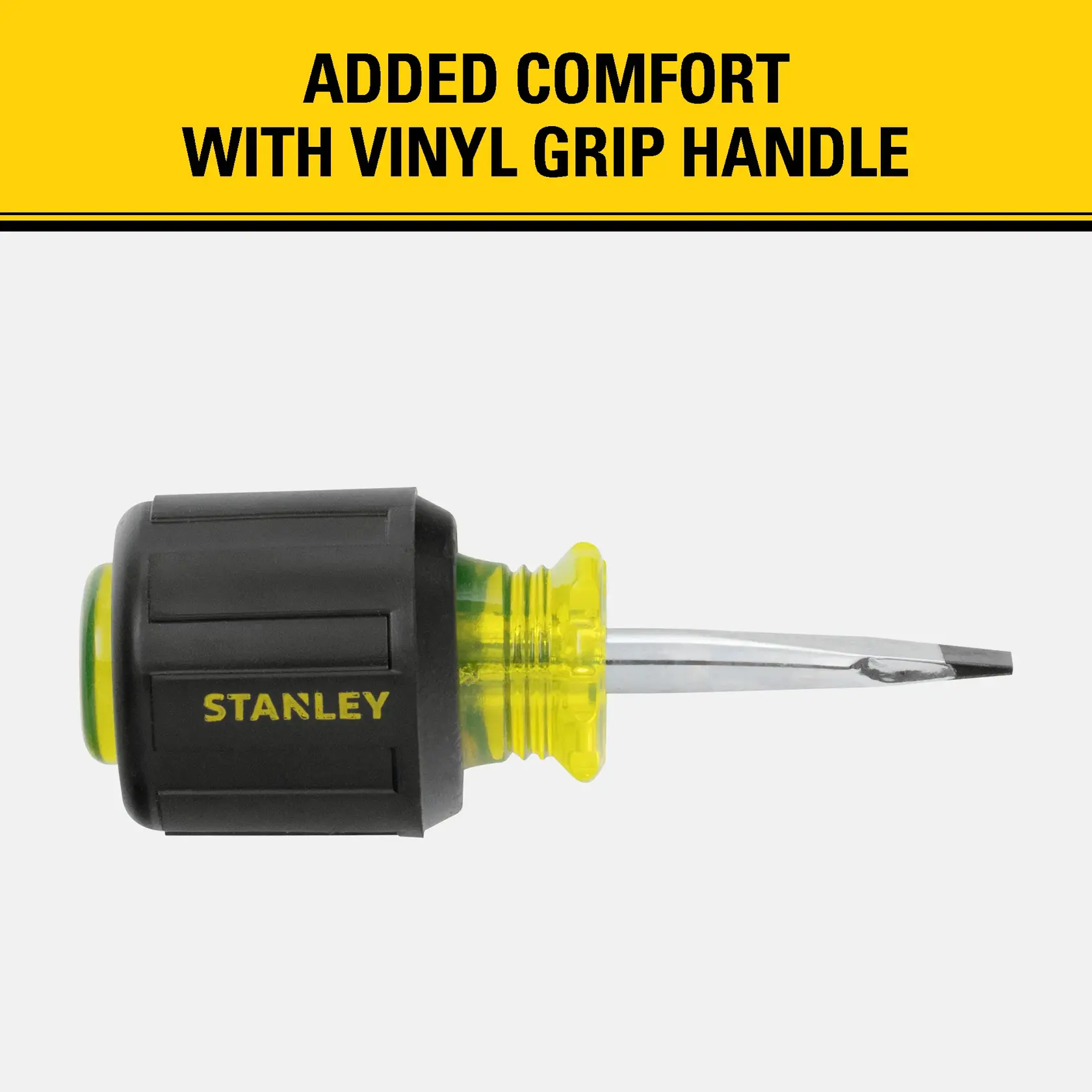 STANLEY SKU 66-088 graphics category product image showing a flathead screwdriver with a black and yellow vinyl grip handle, and text above stating 'Added comfort with vinyl grip handle'.