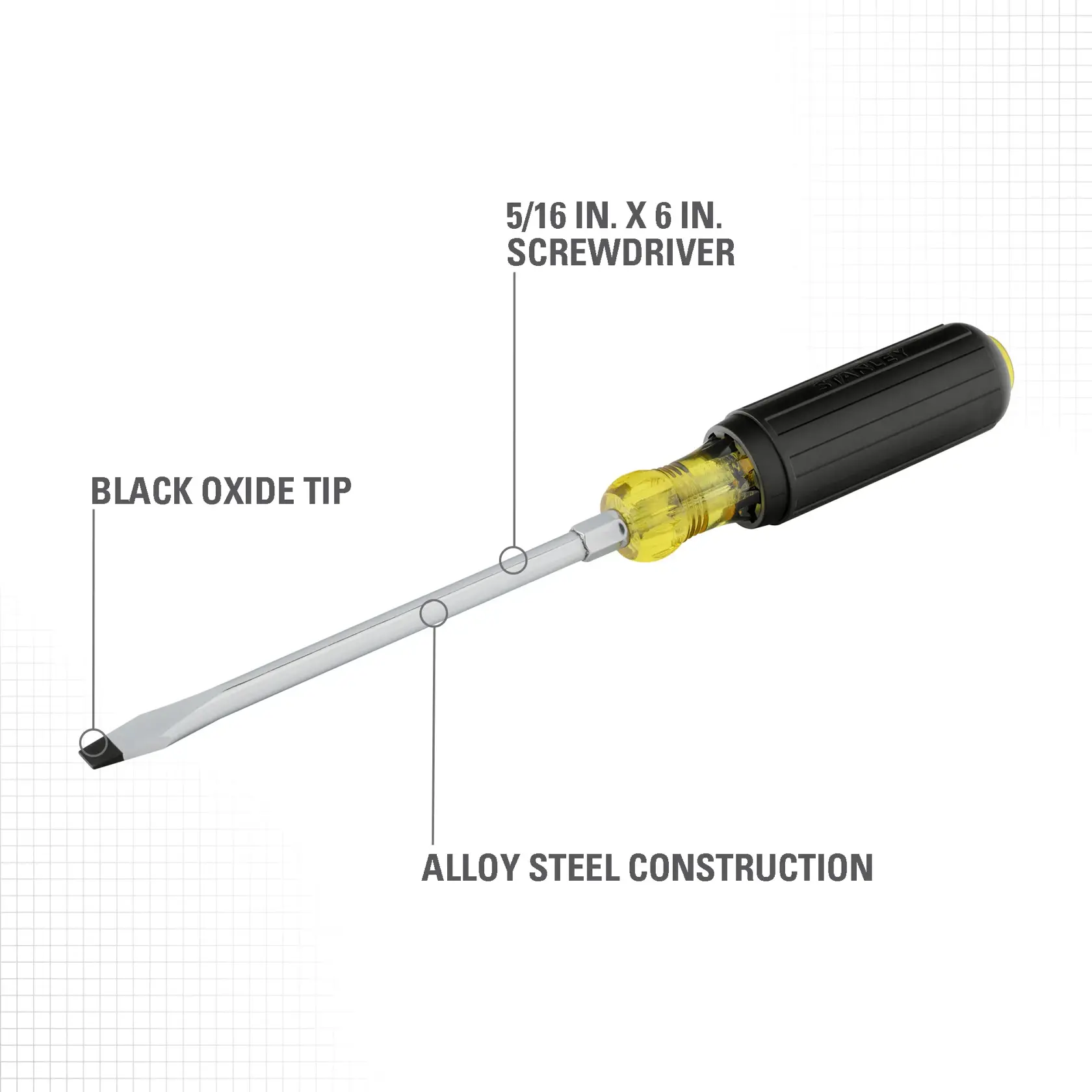A STANLEY 5/16 inch by 6 inch screwdriver with a black oxide tip, alloy steel construction, and a translucent yellow and black handle. The image highlights the black oxide tip and alloy steel construction.