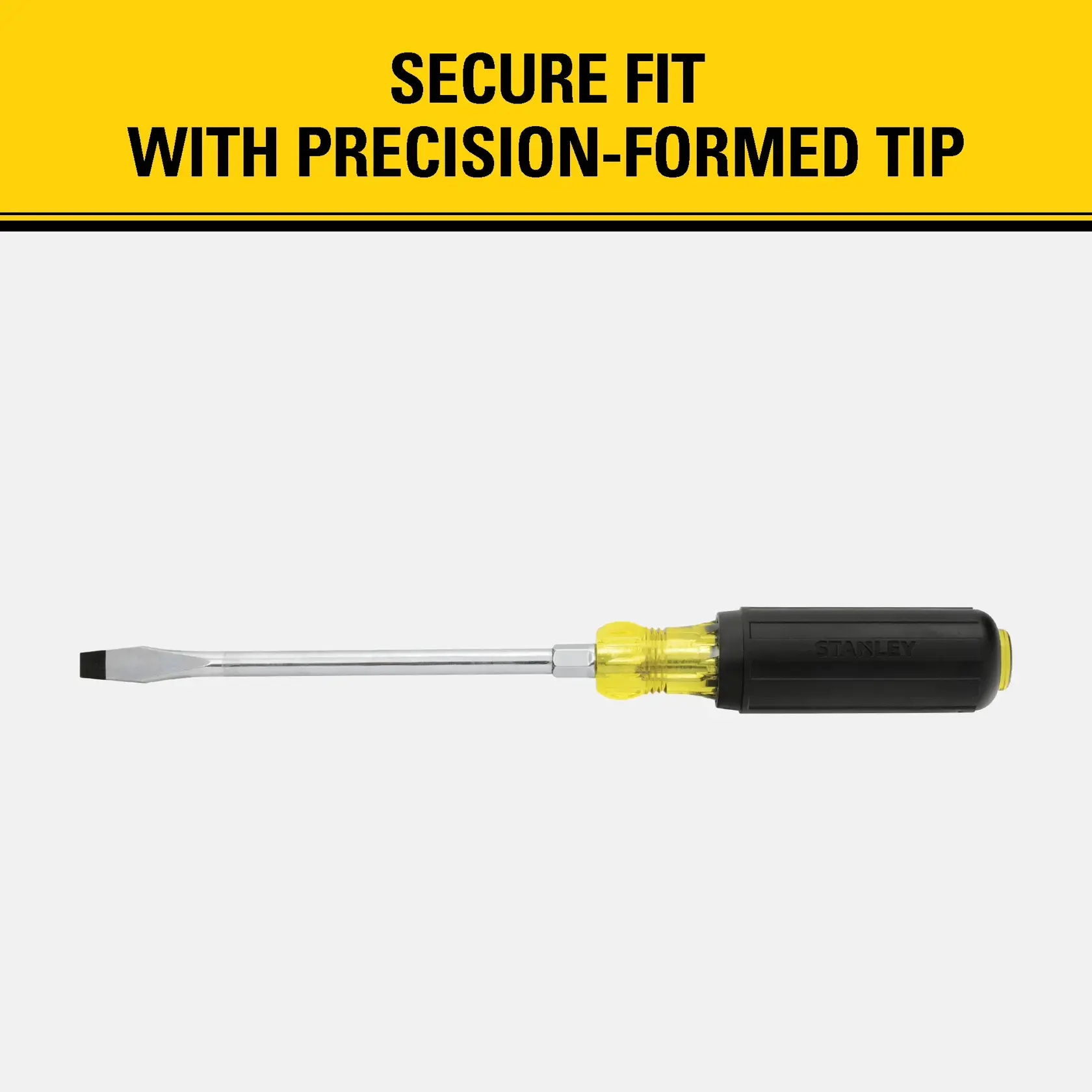 Stanley flathead screwdriver with a black and yellow handle, shown horizontally on a white background. Text above reads: 'Secure fit with precision-formed tip.'