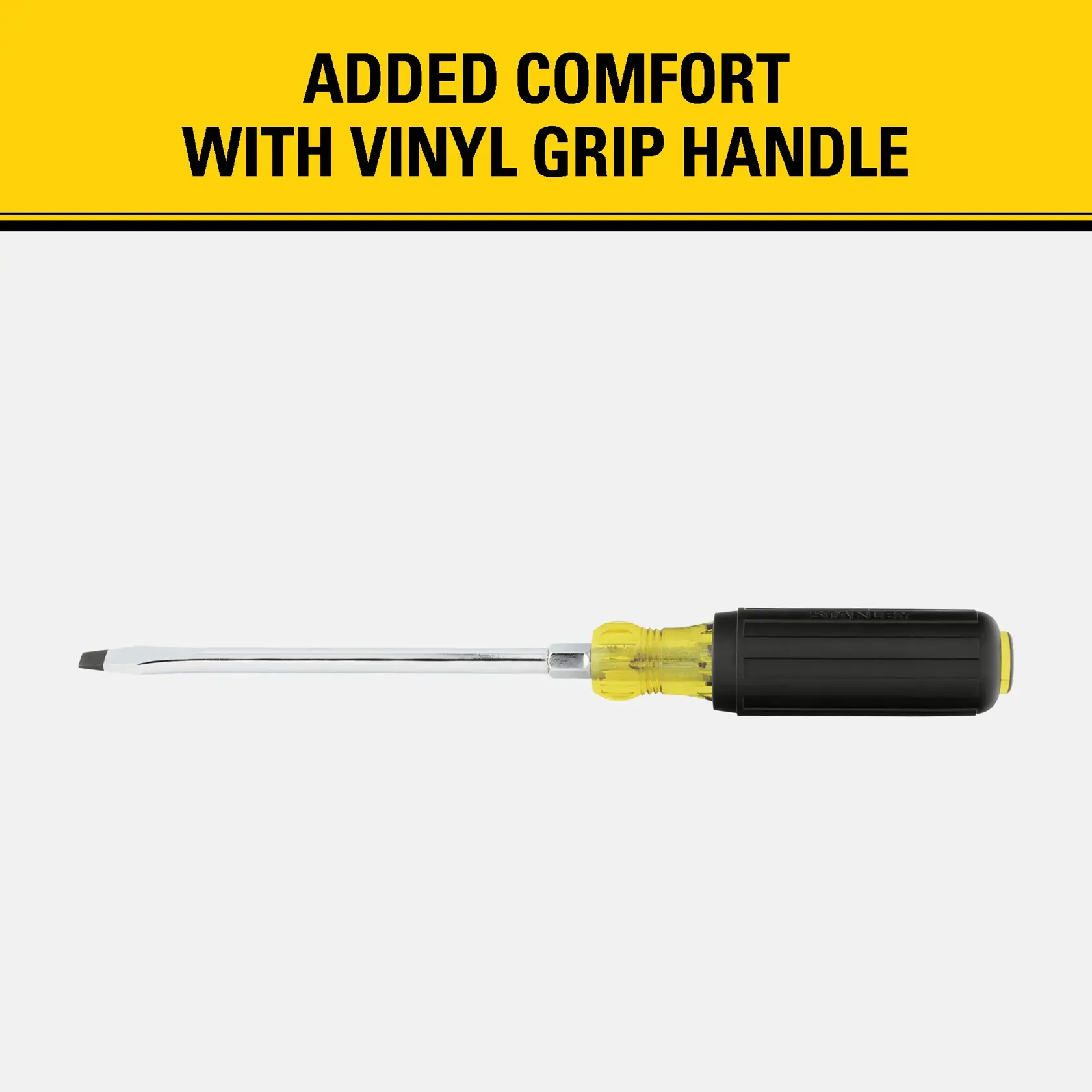 A flathead screwdriver with a black and yellow vinyl grip handle, shown against a plain background. The image also displays the text 'ADDED COMFORT WITH VINYL GRIP HANDLE.'