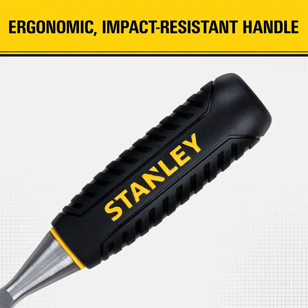 A Stanley screwdriver with a black ergonomic, impact-resistant handle and yellow lettering, shown against a white background with a label highlighting the handle's features.