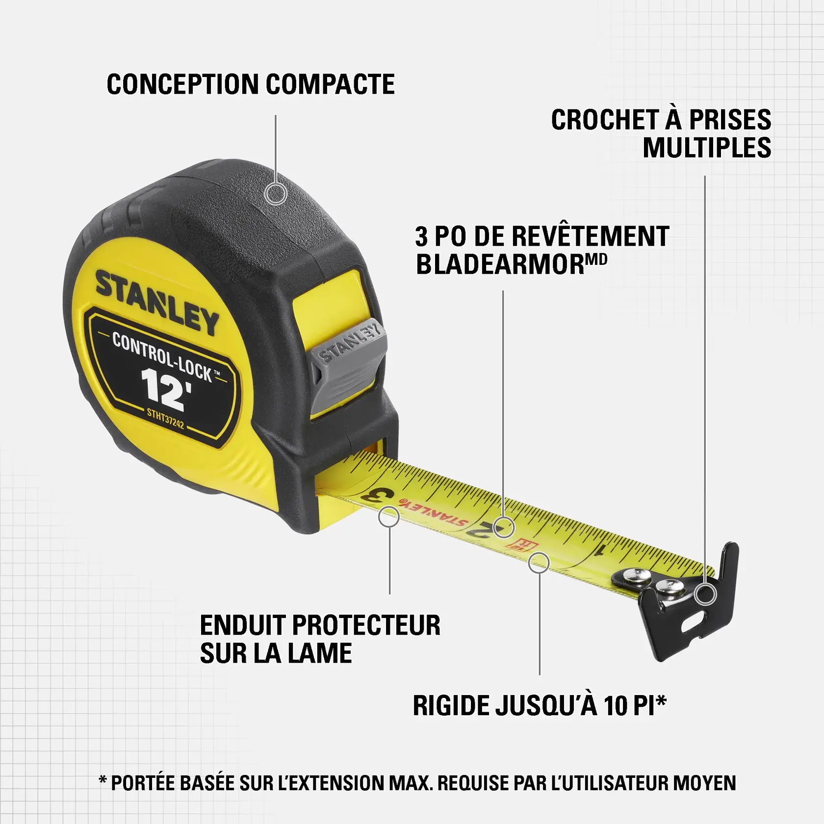 Un ruban à mesurer Stanley Control-Lock de 12 pieds avec un design compact noir et jaune. Les caractéristiques principales indiquées en français sont : conception compacte, crochet à prises multiples, 3 po de revêtement BladeArmor, enduit protecteur sur la lame, rigidité jusqu’à 10 pi. La marque Stanley est clairement visible.