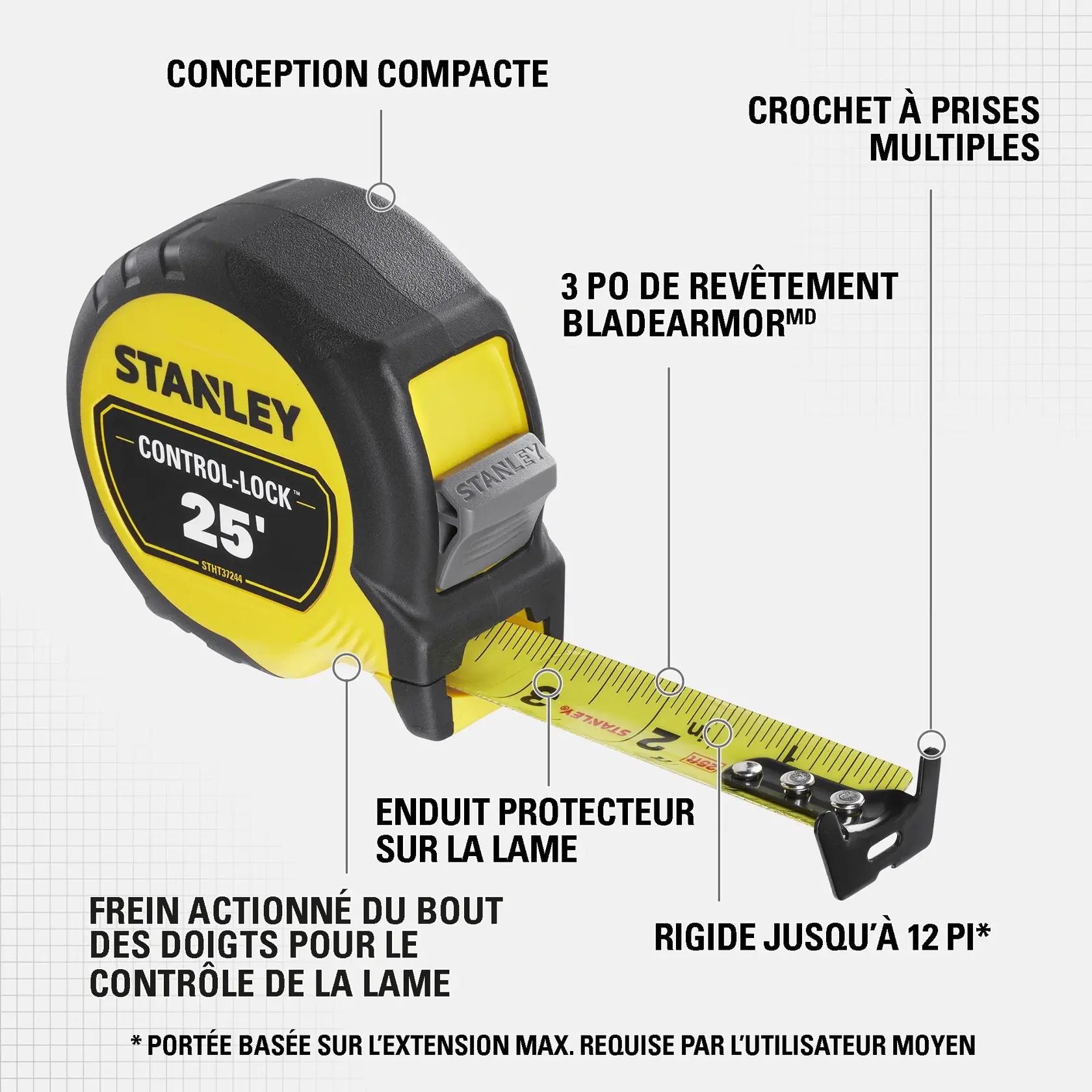 Un mètre ruban Stanley Control-Lock de 25 pieds est présenté. Les caractéristiques mises en avant incluent une conception compacte, un crochet à prises multiples, 3 pouces de revêtement BladeArmor, un enduit protecteur sur la lame, un frein actionné du bout des doigts pour le contrôle de la lame et une rigidité de la lame jusqu’à 12 pieds. Produit jaune et noir.