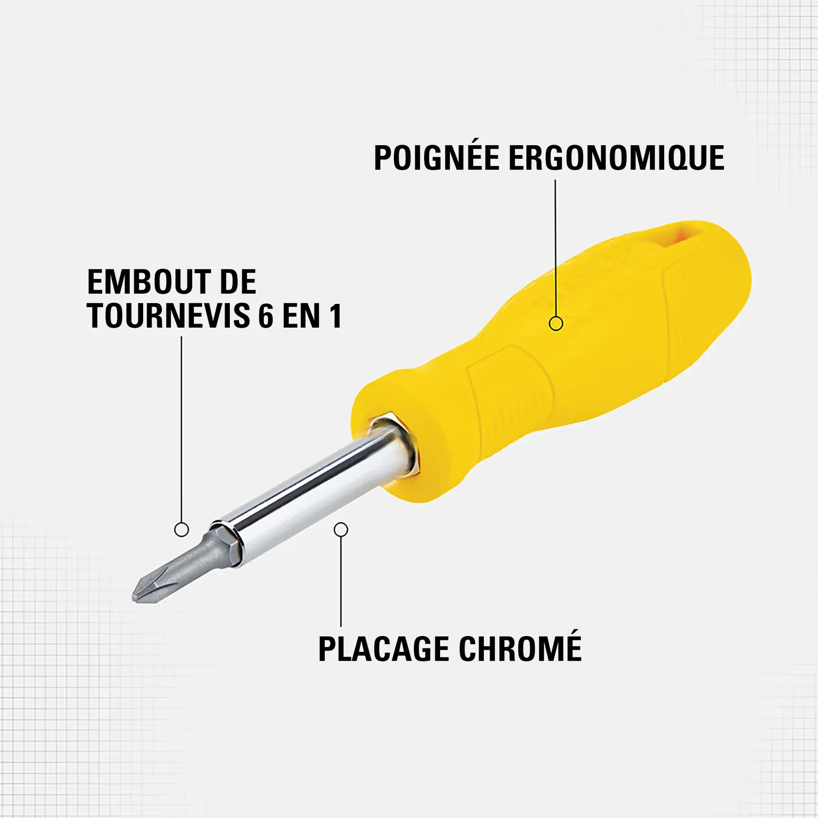Tournevis 6 en 1 avec manche jaune, tige chromée et poignée ergonomique. L'image met en évidence la poignée ergonomique, le placage chromé et l'embout 6 en 1.
