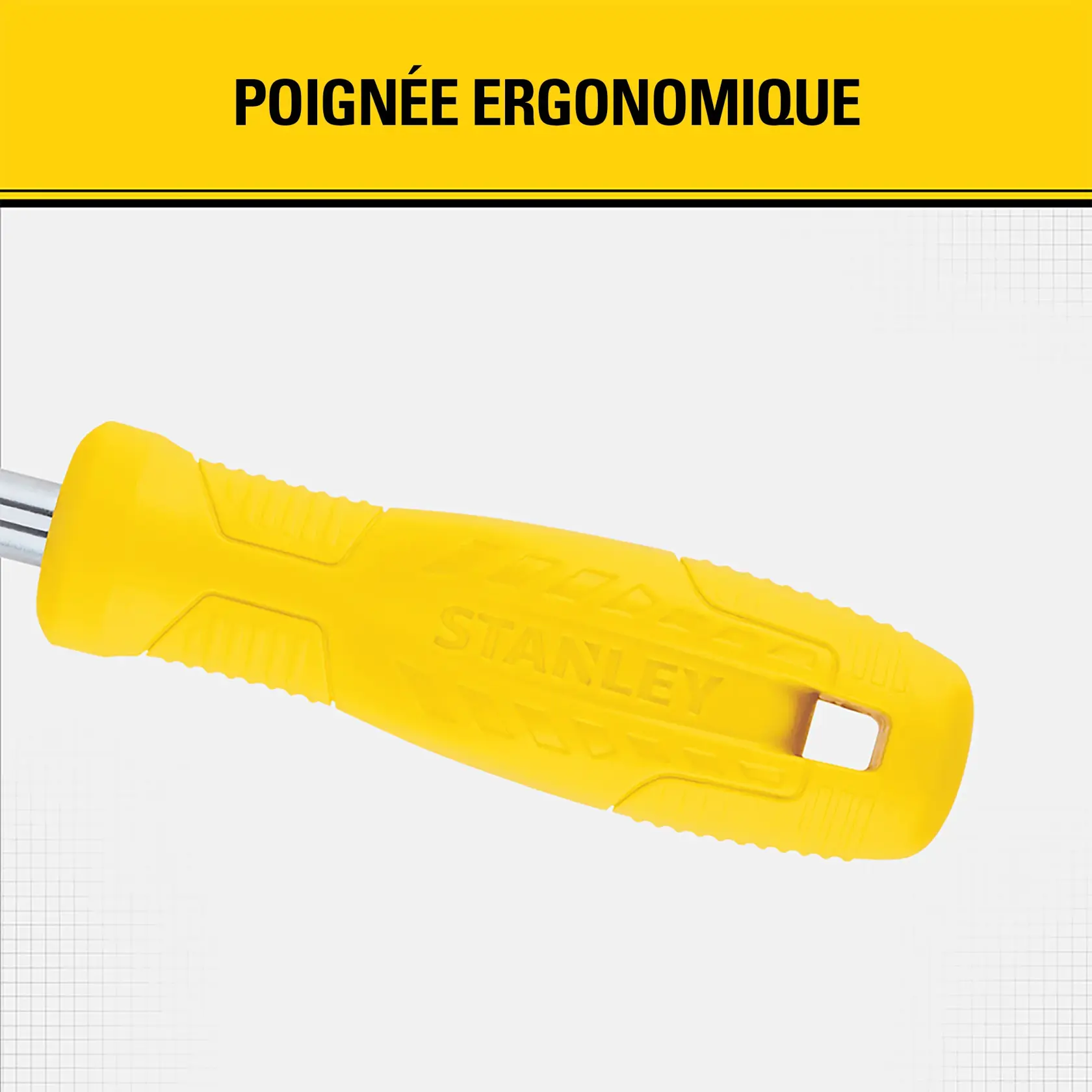 Gros plan sur une poignée ergonomique jaune d’un outil à main Stanley avec la marque 'Stanley' en relief. L’image met en avant le design confortable de la prise.