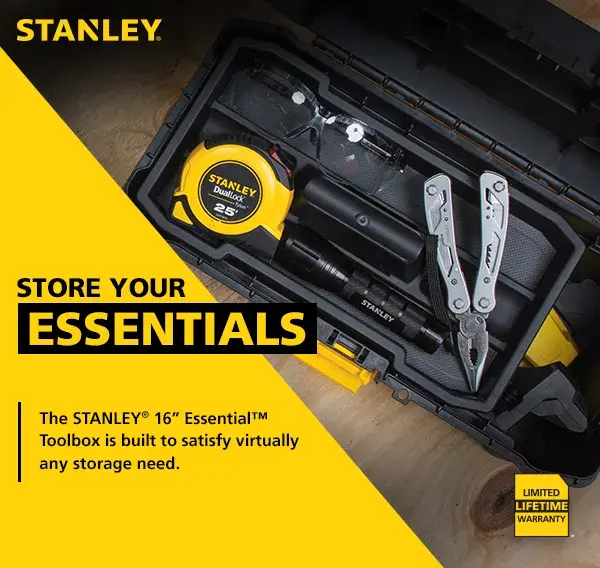 A promotional image for the STANLEY brand showing an open toolbox containing essential tools, including a tape measure and pliers. The text reads: 'STORE YOUR ESSENTIALS. The STANLEY 16" Essential Toolbox is built to satisfy virtually any storage need.'