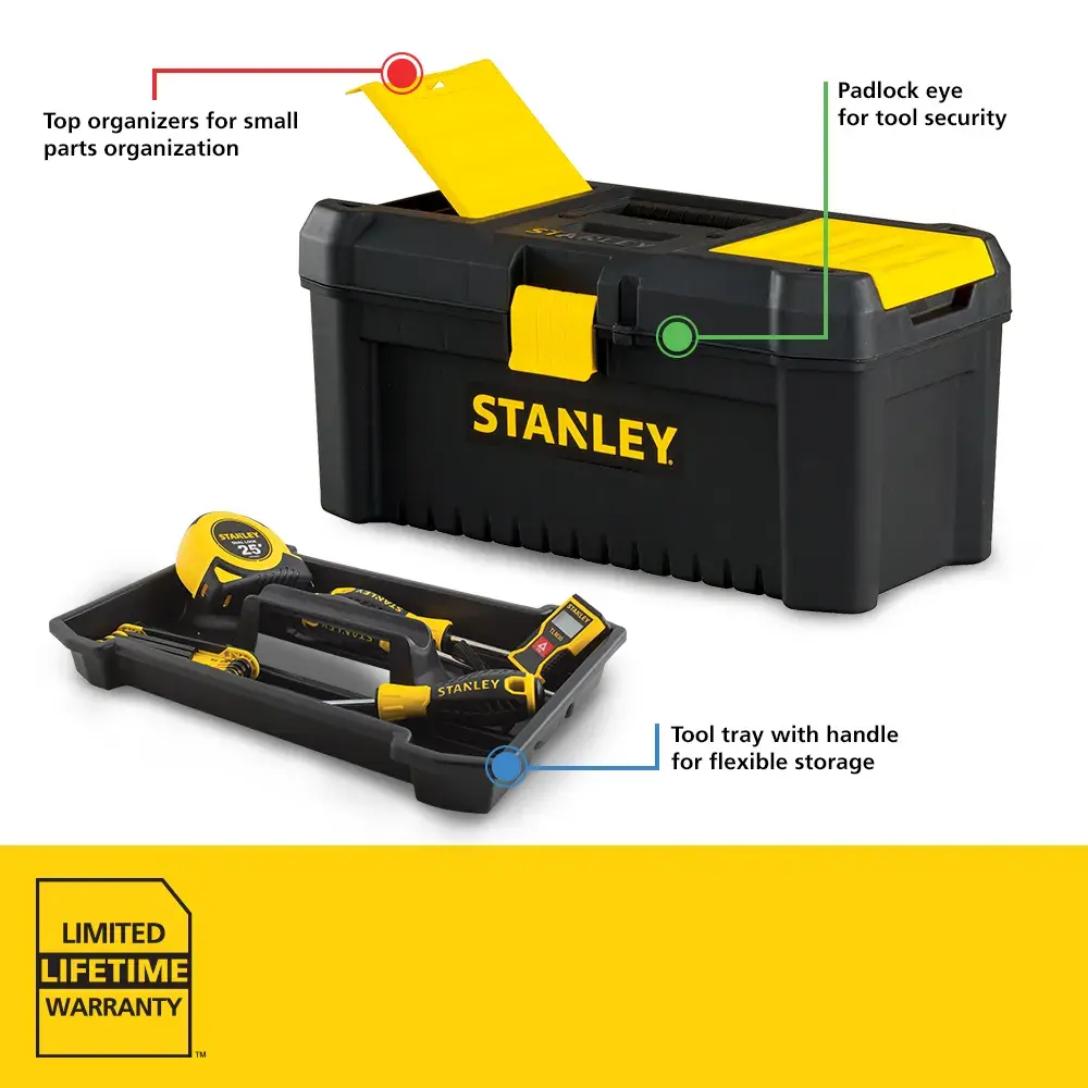 Black and yellow STANLEY tool box with top organizers for small parts, a padlock eye for tool security, a removable tool tray with handle for flexible storage, and a label showing limited lifetime warranty.