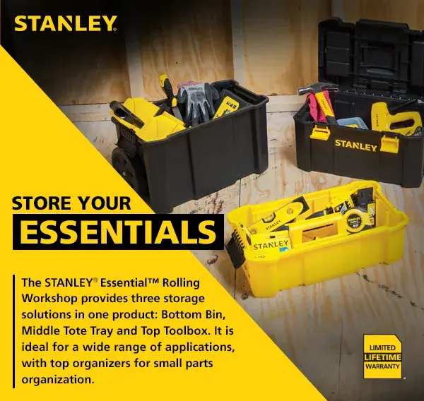 A promotional graphic for the STANLEY Essential Rolling Workshop storage system. The image shows three yellow and black storage products: a bottom bin, a middle tote tray, and a top toolbox with compartments for organizing small parts. The text highlights the benefits of storing your essentials with STANLEY and describes the modular storage options.