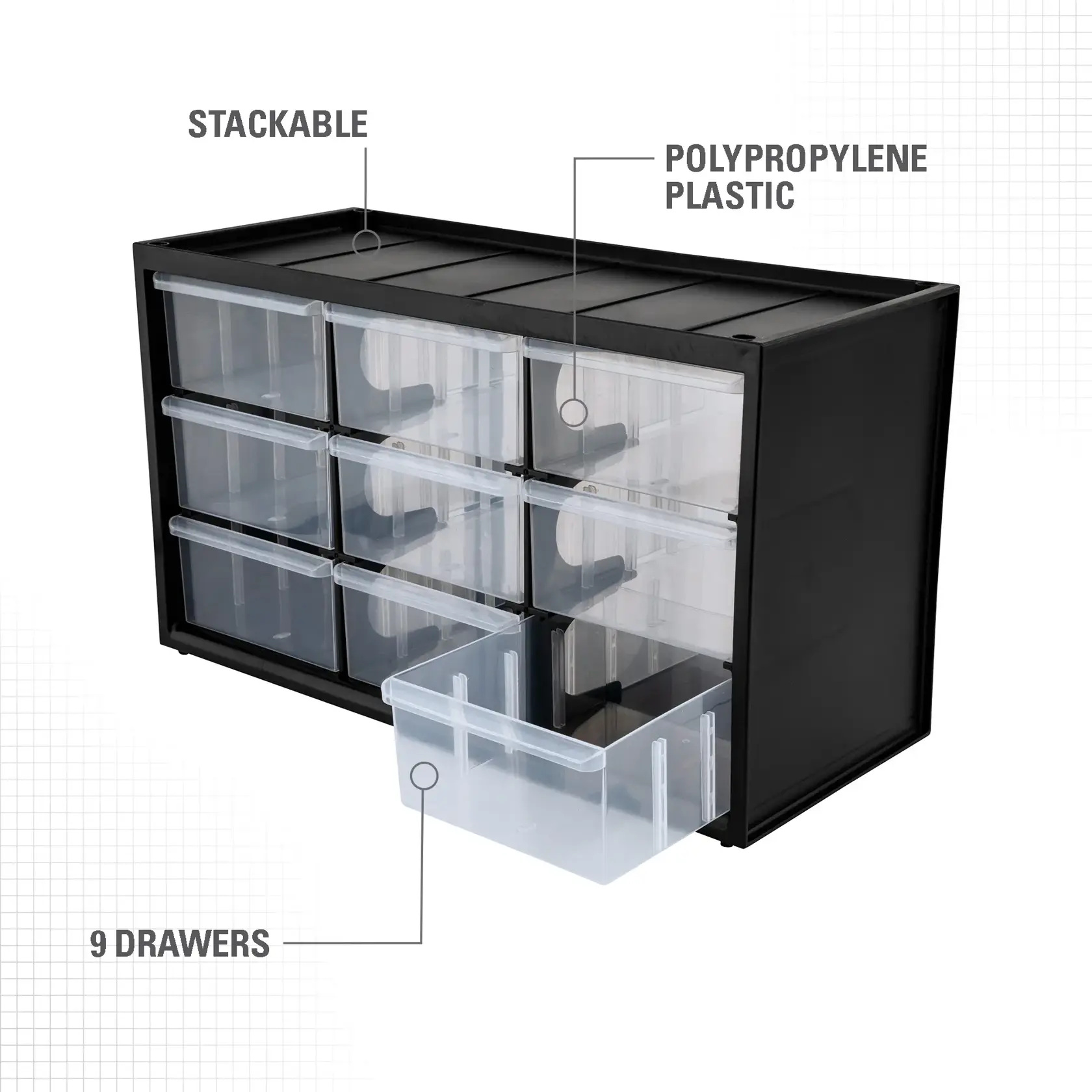 A black storage organizer made of polypropylene plastic, featuring 9 transparent stackable drawers.