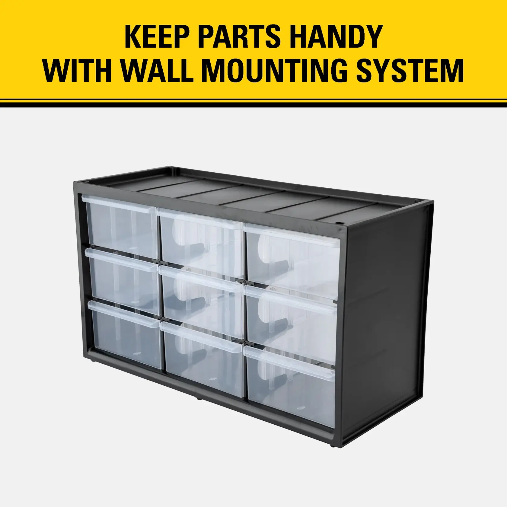 A black and clear plastic organizer box with nine transparent drawers, designed for keeping parts handy with a wall mounting system.