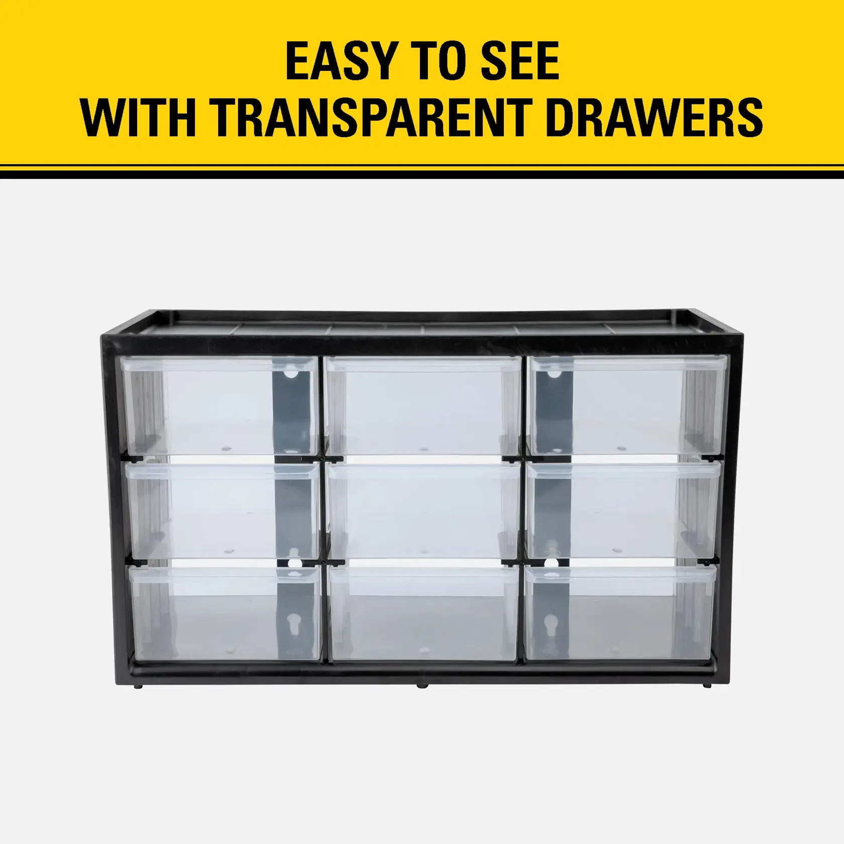 A black storage organizer with nine transparent drawers is shown, allowing easy visibility of contents. The image features a yellow banner at the top with the text 'EASY TO SEE WITH TRANSPARENT DRAWERS.'