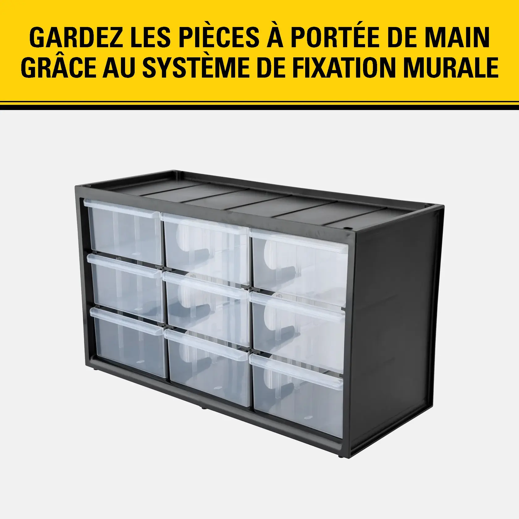 Un meuble de rangement noir avec neuf tiroirs transparents. Au-dessus du meuble, une bannière jaune affiche le texte en français : 'Gardez les pièces à portée de main grâce au système de fixation murale.'