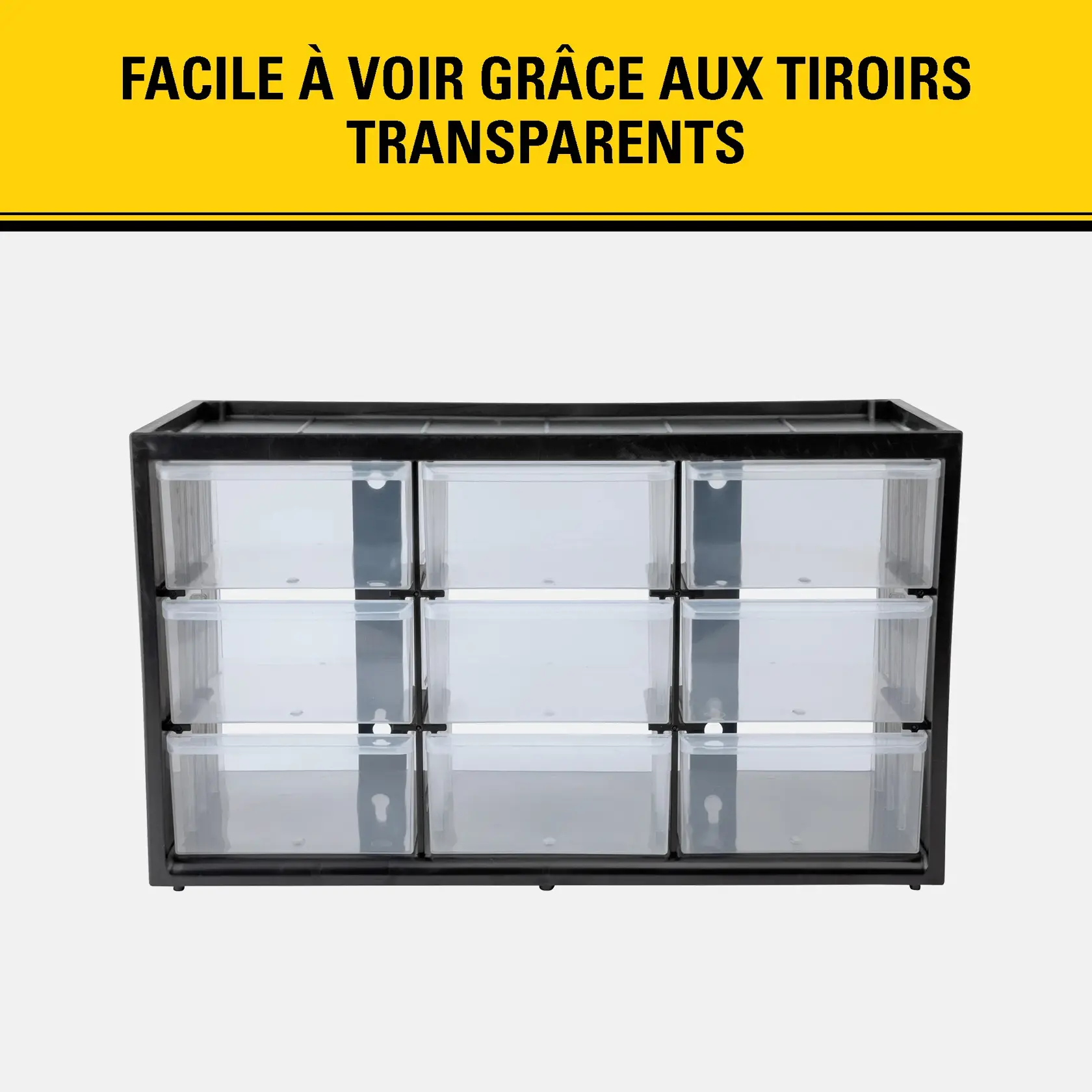 Un organiseur de rangement STANLEY avec neuf tiroirs transparents dans un cadre noir, avec le texte au-dessus 'Facile à voir grâce aux tiroirs transparents'.