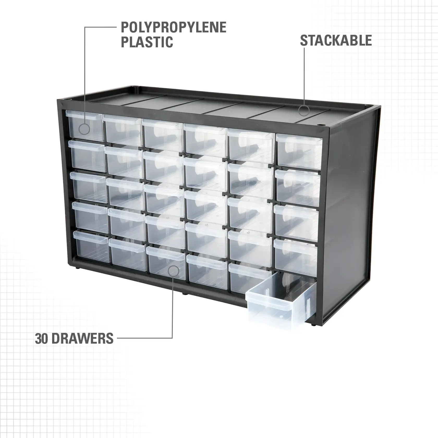 A black and clear plastic storage organizer with 30 small drawers, made from polypropylene plastic. The unit is stackable and one drawer is pulled out to show its depth.