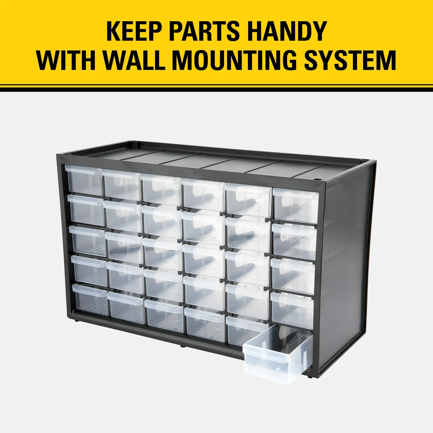 A black Stanley plastic storage organizer with 30 clear drawers, ideal for small parts or hardware, with one drawer partially open. Text above reads: 'Keep parts handy with wall mounting system.'