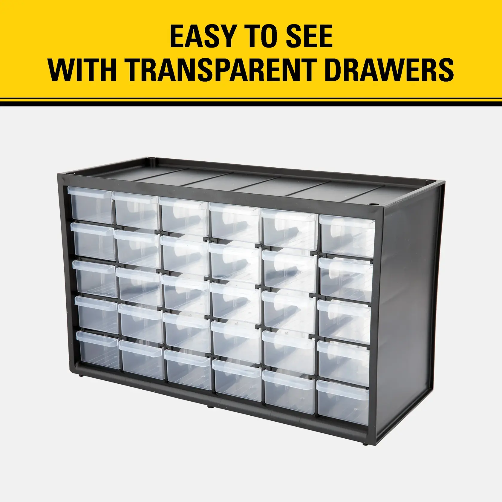 A black storage organizer with twenty-four transparent drawers. The organizer is designed for easy visibility of contents, as highlighted by the text 'Easy to see with transparent drawers' above the product.