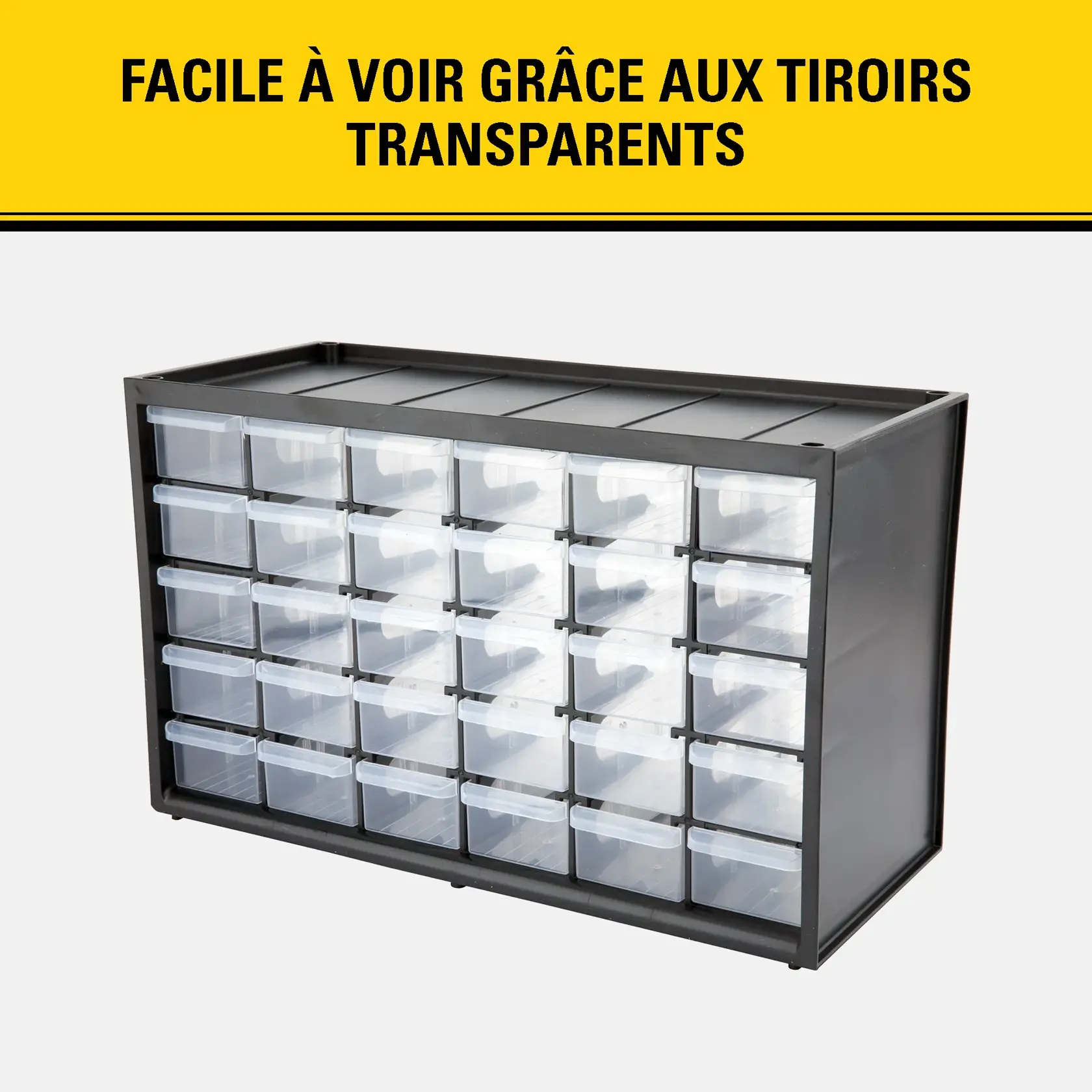 Un organiseur de rangement avec plusieurs tiroirs transparents, logé dans une structure noire, permettant de voir facilement le contenu.