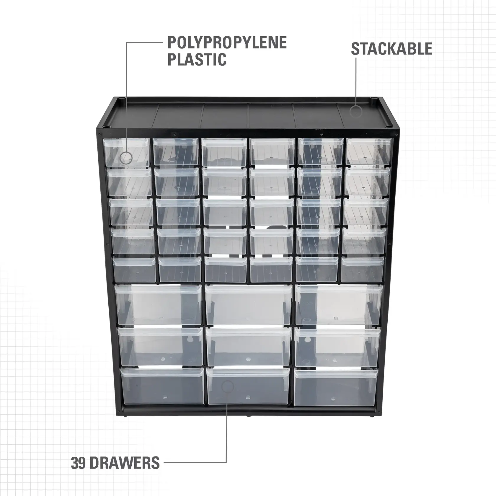 A STANLEY storage organizer featuring 39 transparent polypropylene plastic drawers in a black frame. It is stackable and suitable for organizing small items.