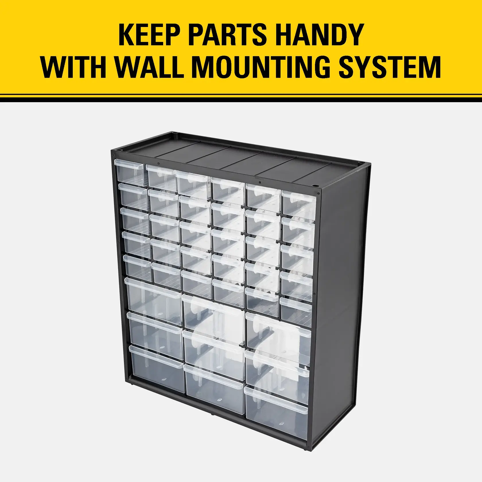 Plastic storage organizer with multiple clear drawers for keeping small parts, featuring a black frame and wall mounting system. Text above says 'Keep parts handy with wall mounting system.'