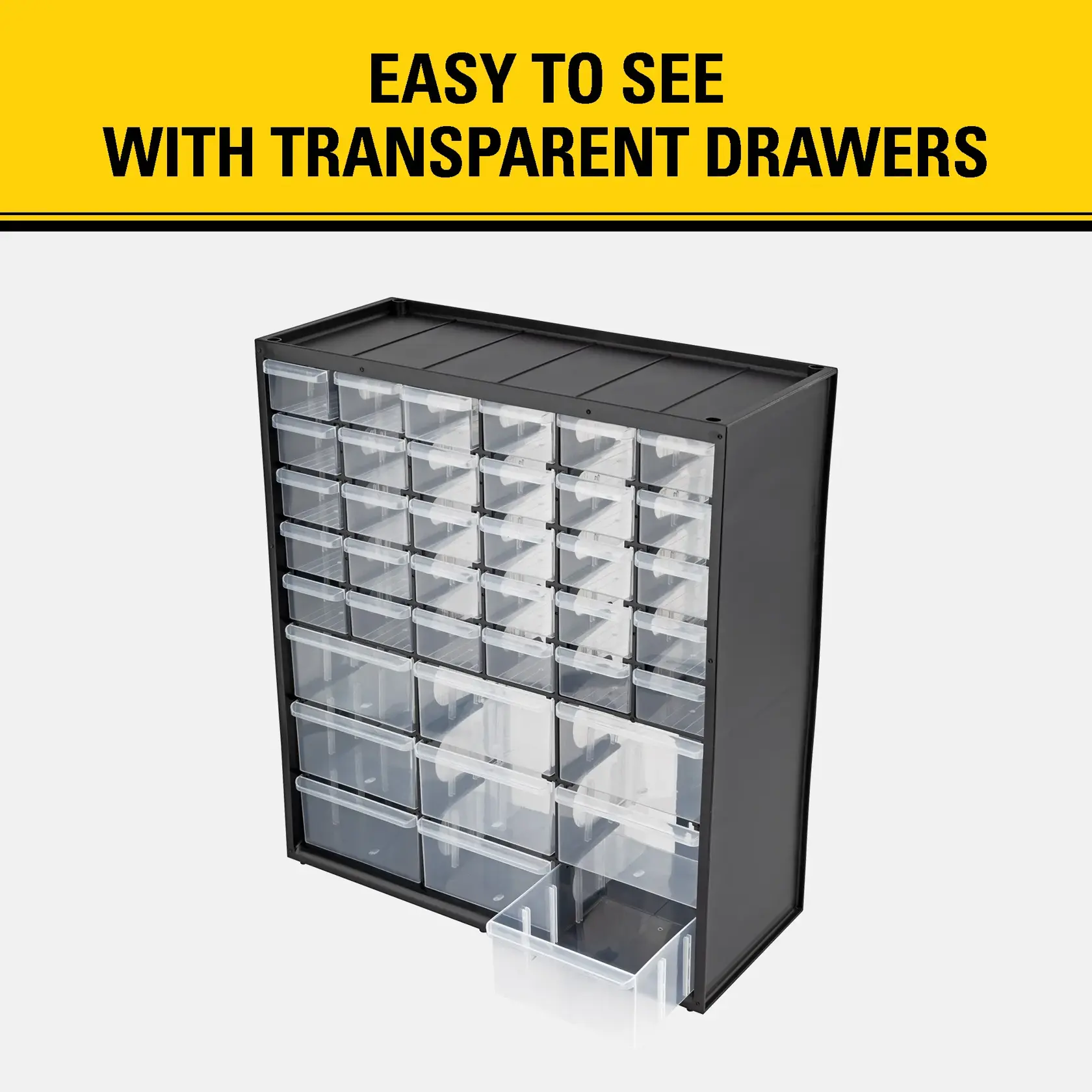 A black storage organizer unit with multiple transparent drawers, one drawer partially pulled out. Text above reads 'Easy to see with transparent drawers.'