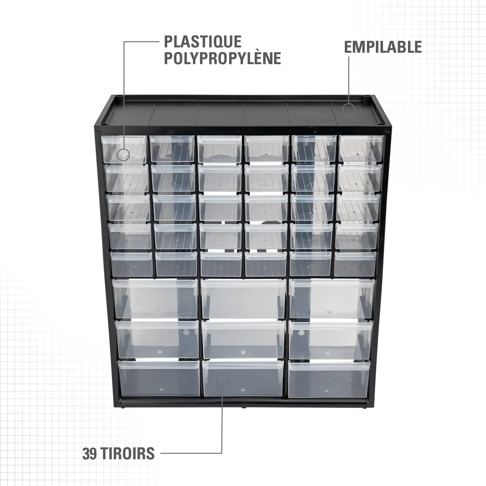 Un organiseur de rangement de marque STANLEY avec 39 tiroirs en plastique polypropylène. L'organiseur est empilable, avec des tiroirs transparents adaptés au tri de petits objets tels que des accessoires ou du matériel de bricolage.