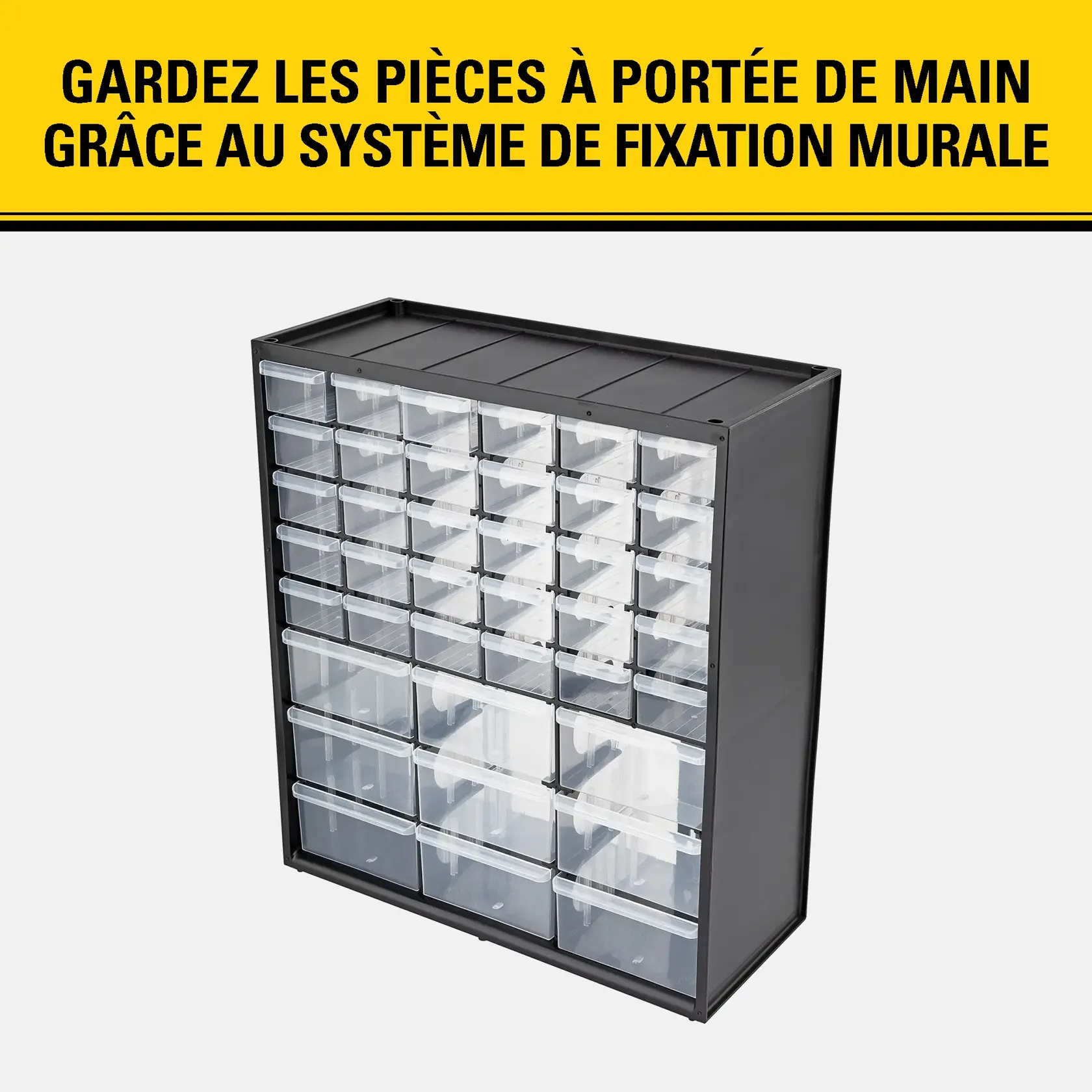Un meuble organisateur mural de marque STANLEY avec plusieurs tiroirs transparents en plastique, conçu pour garder les petites pièces à portée de main. L'image présente une bannière jaune avec un texte en français mettant en avant la facilité d'accès aux pièces grâce au système de fixation murale.