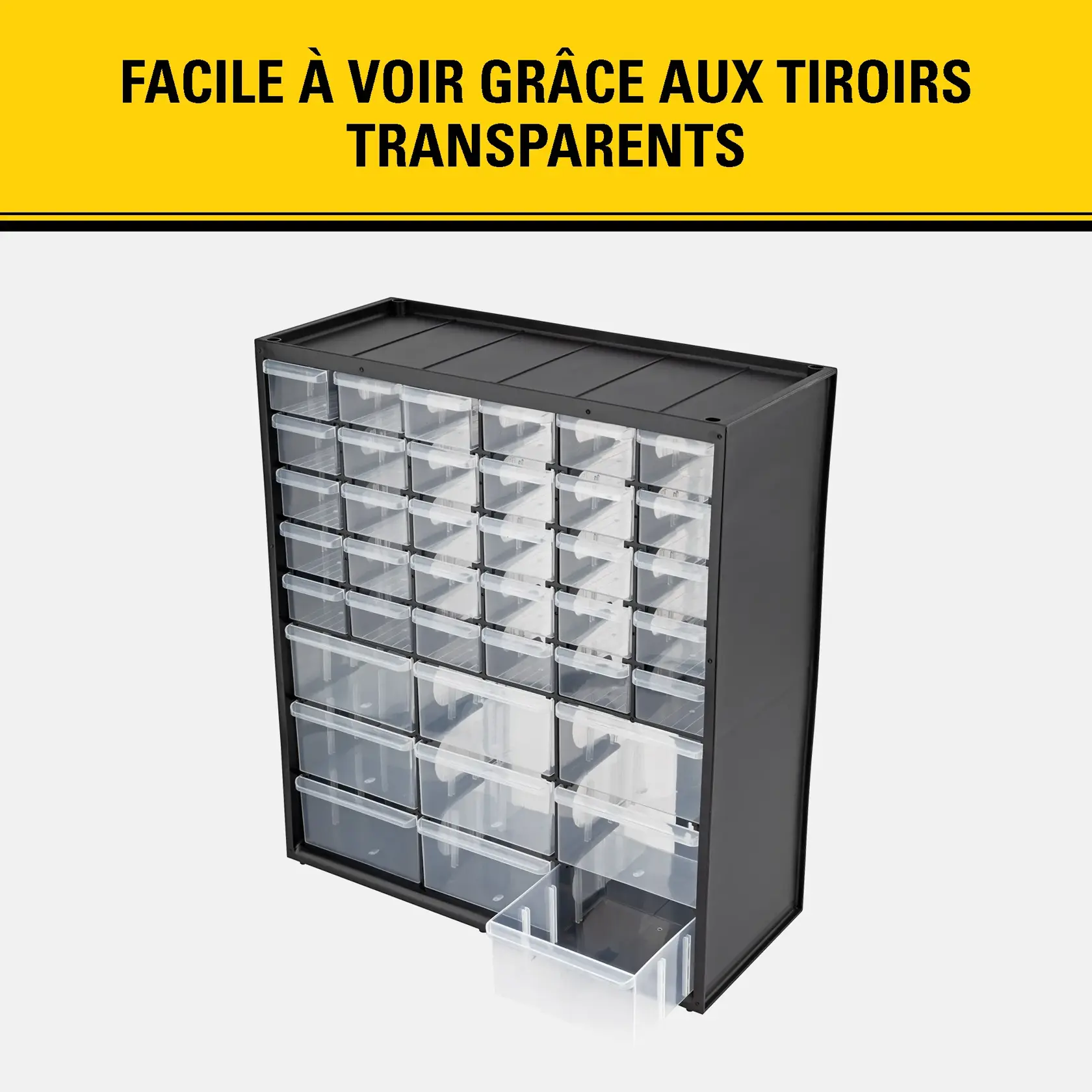 Un meuble de rangement noir avec plusieurs tiroirs transparents, dont un tiroir est ouvert. Le meuble est utilisé pour organiser de petits objets. Le texte en haut indique : 'Facile à voir grâce aux tiroirs transparents.'