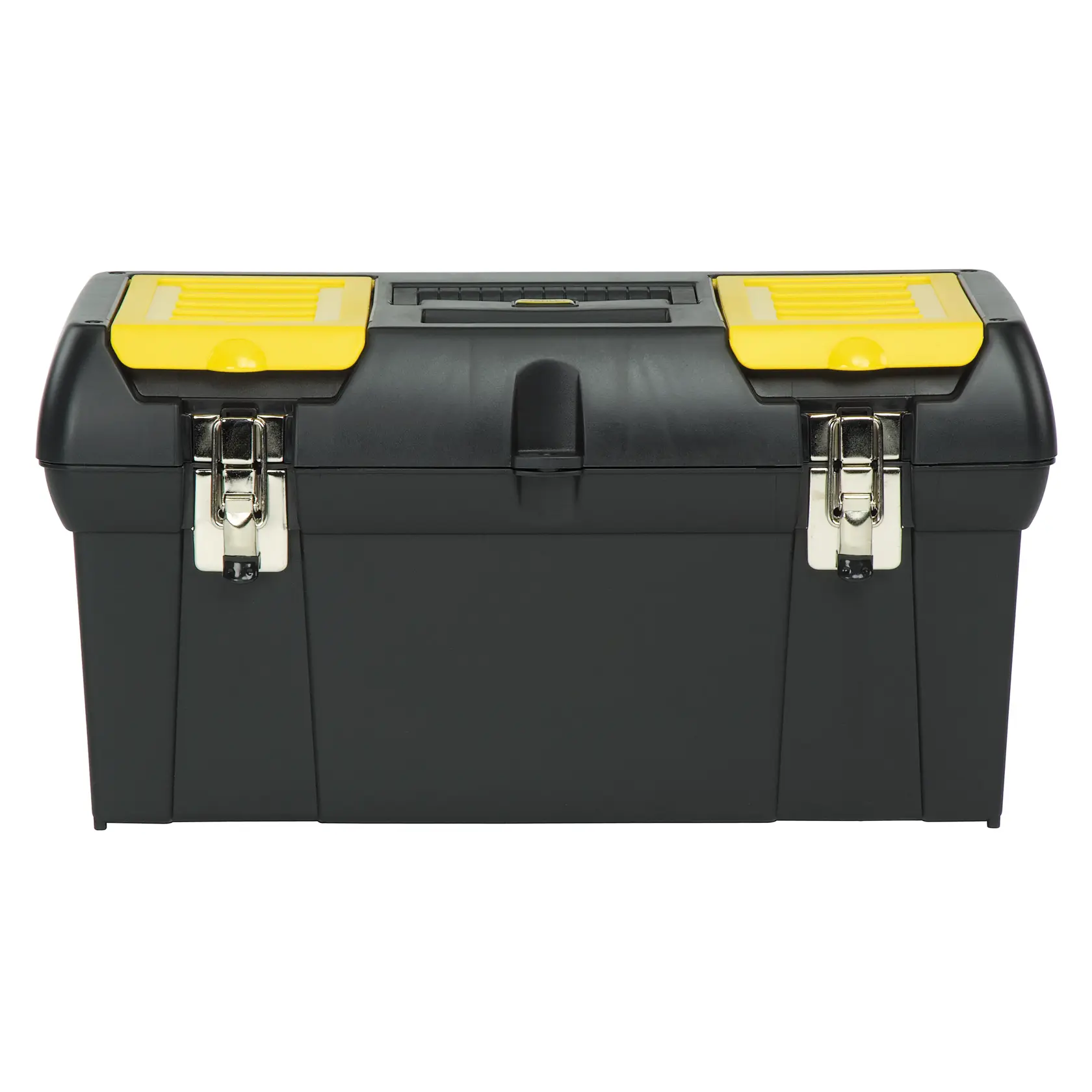 Stanley plastic tool box, front angle, black body with yellow lid and metal latches, white background