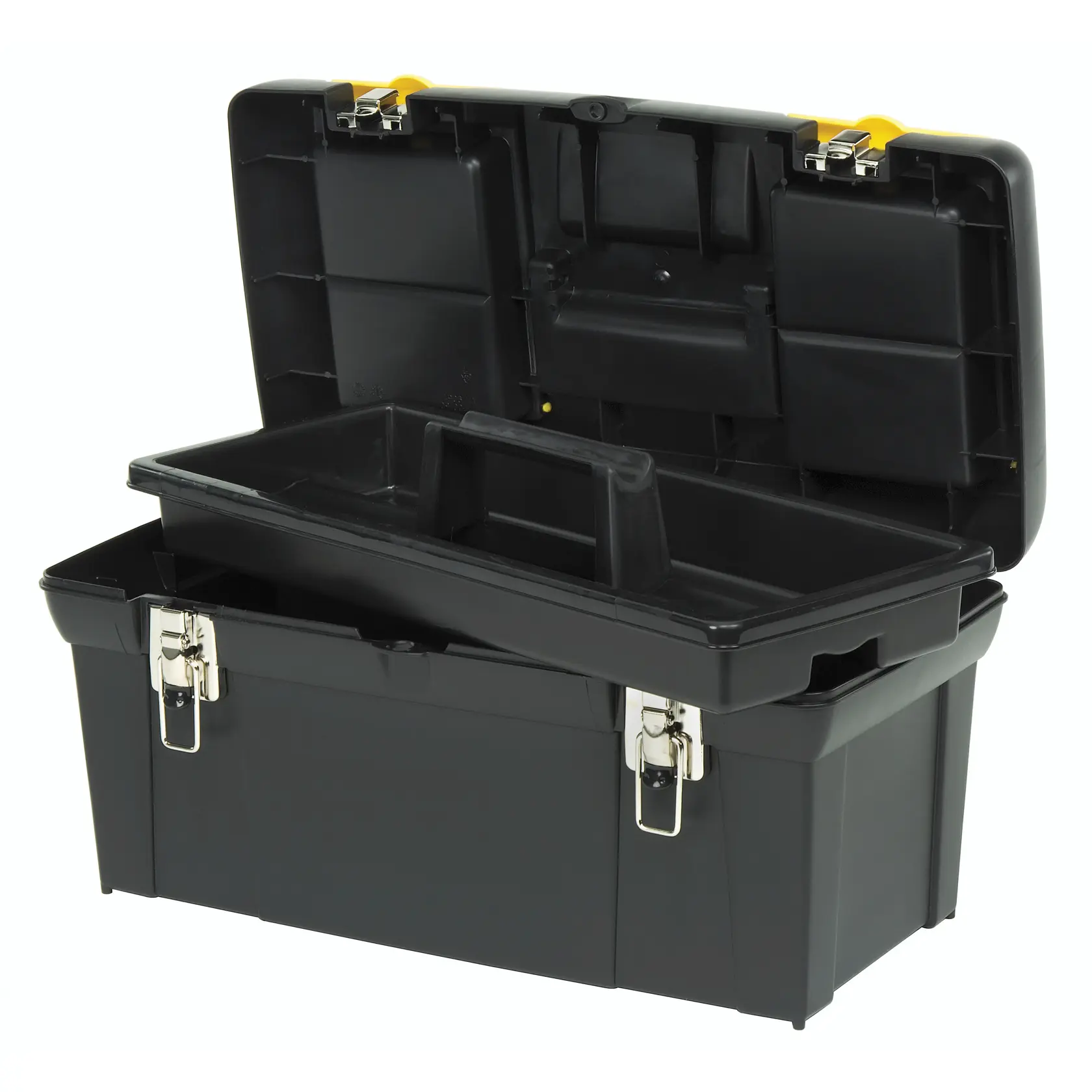 STANLEY black plastic toolbox with open lid, metal latches, removable tray, photographed at a front angle on white background.
