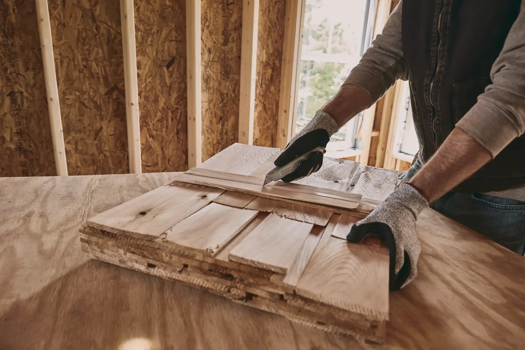 Photo du couteau utilitaire STANLEY 10-099 coupant du bois dans un atelier, gros plan sur des mains gantées.