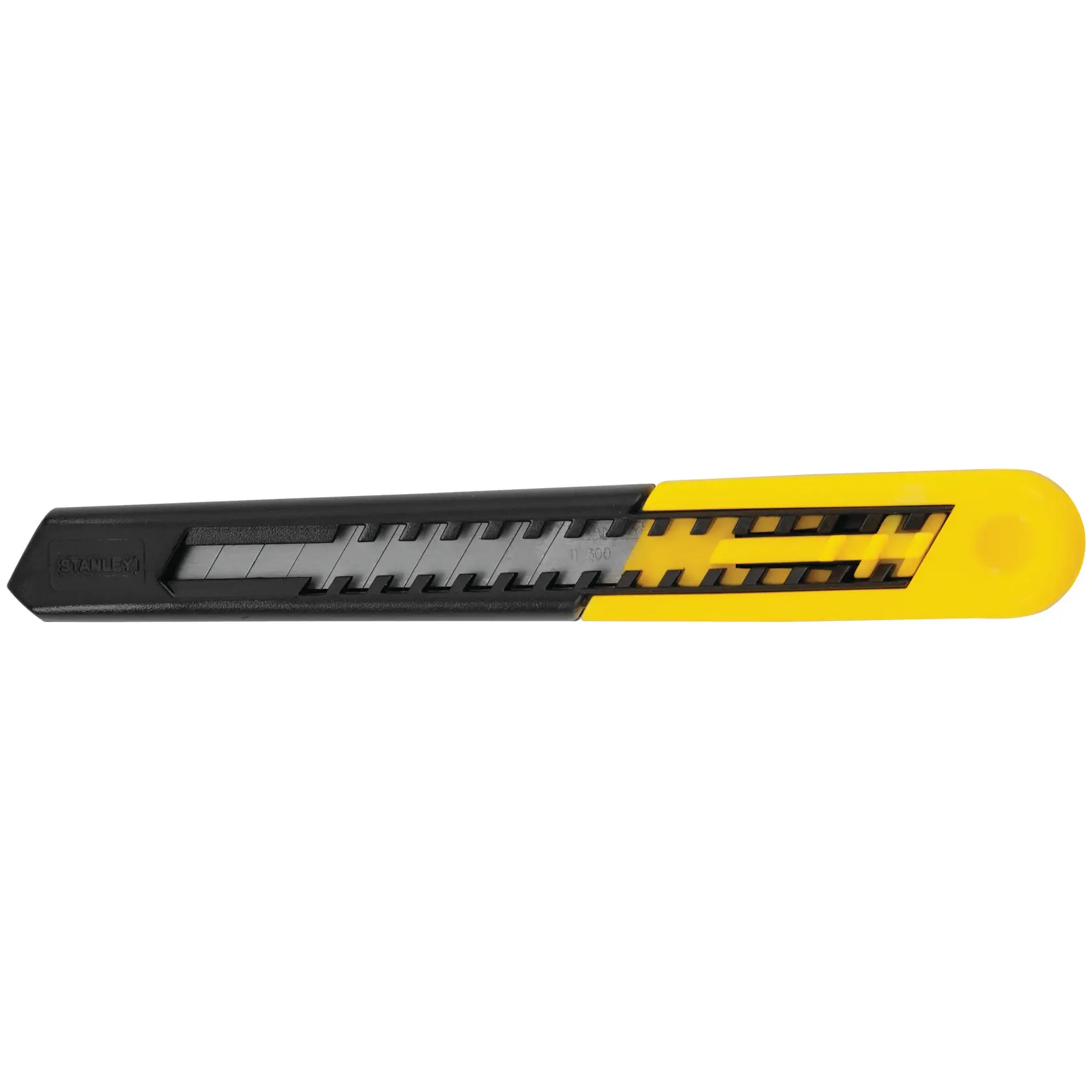 Stanley utility knife, black and yellow, side angle on white background showing segmented blade.